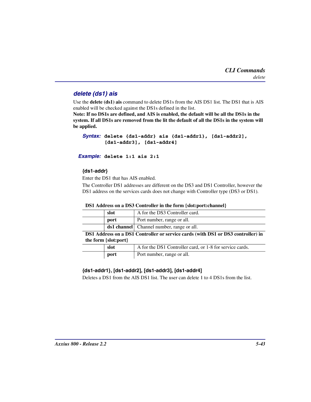 Carrier Access Axxius 800 user manual Delete ds1 ais, Ds1-addr 