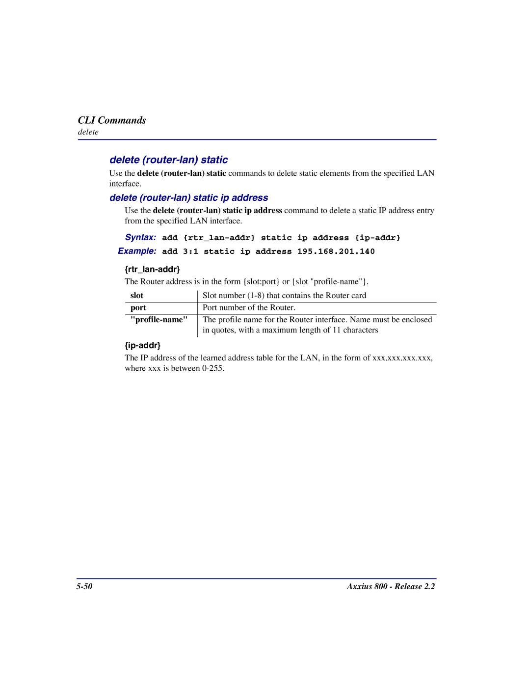 Carrier Access Axxius 800 user manual Delete router-lan static ip address 