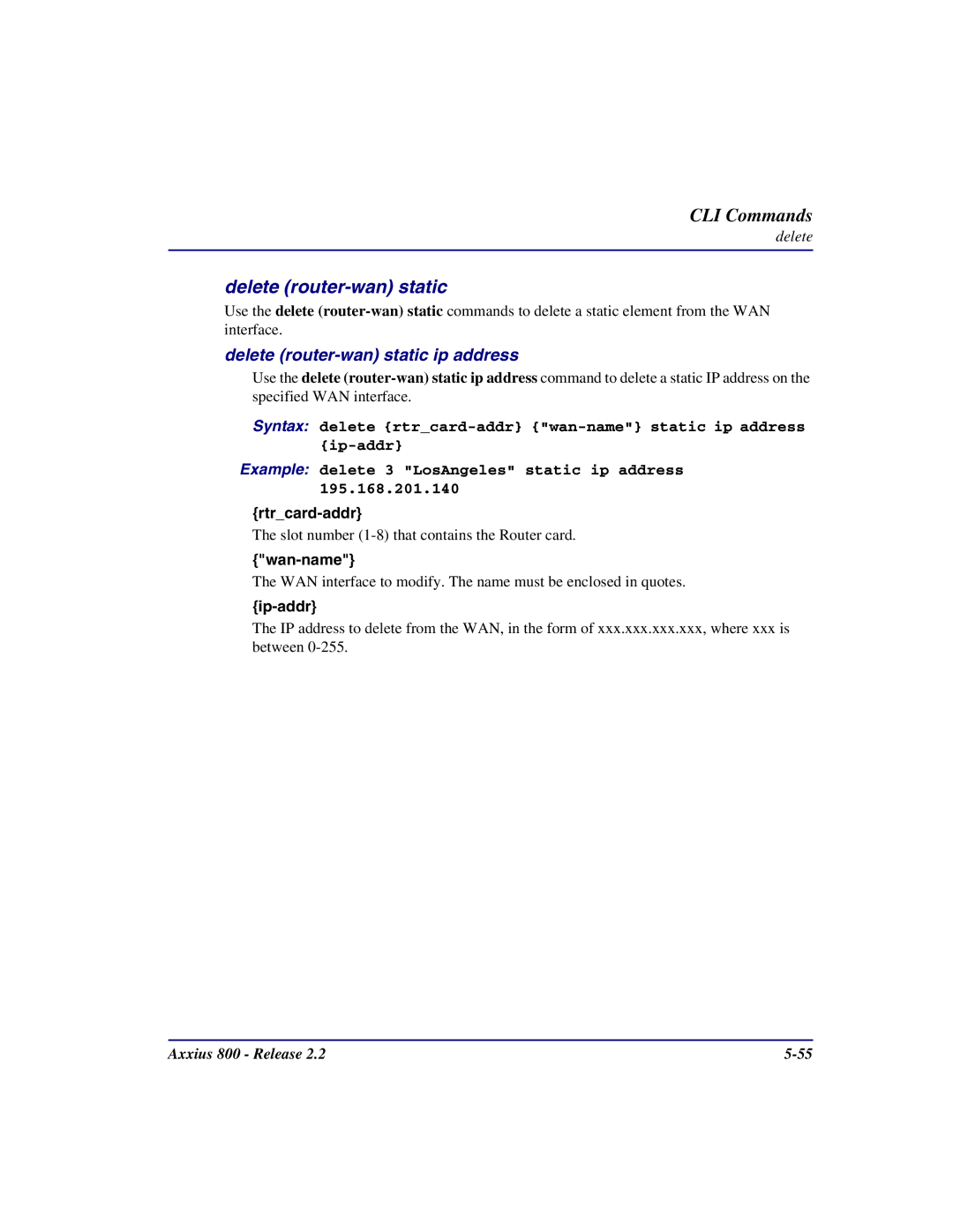 Carrier Access Axxius 800 user manual Delete router-wan static ip address 