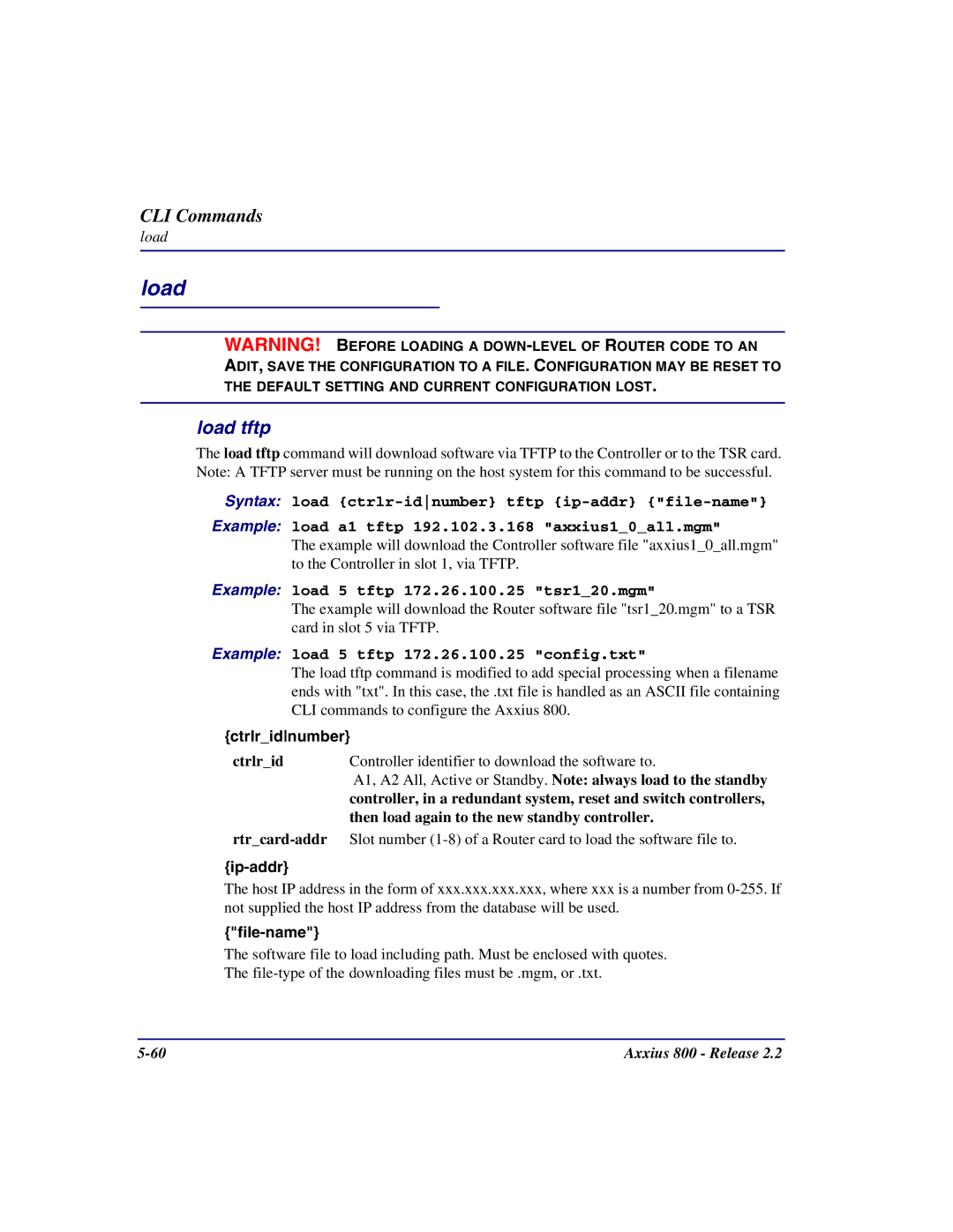 Carrier Access Axxius 800 user manual Load tftp, Ctrlridnumber, File-name 