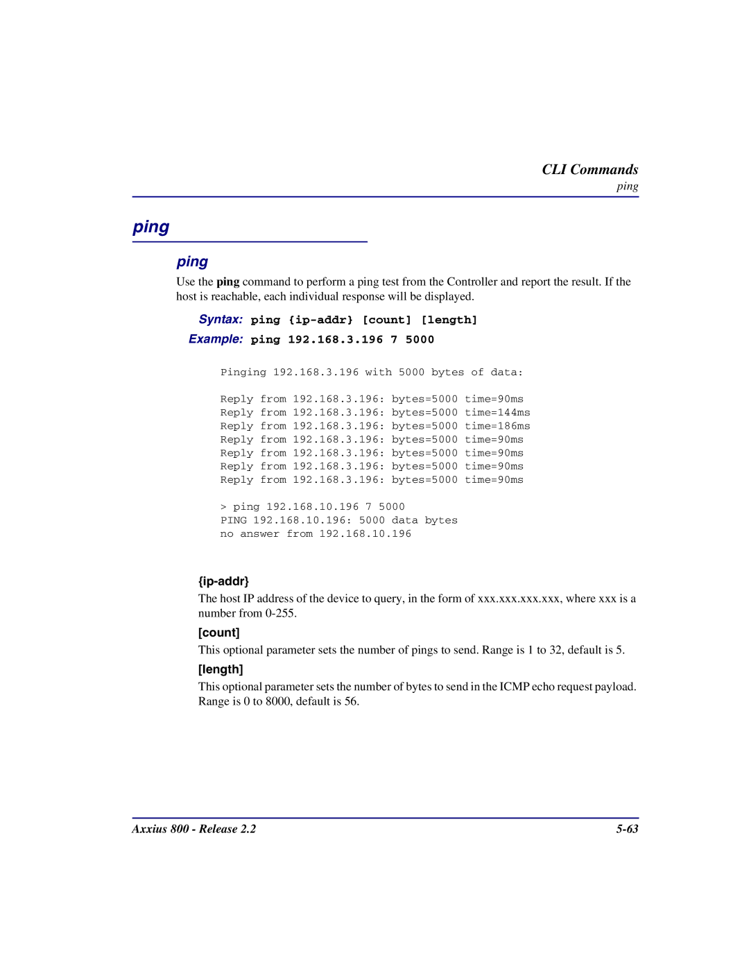 Carrier Access Axxius 800 user manual Ping, Count, Length 