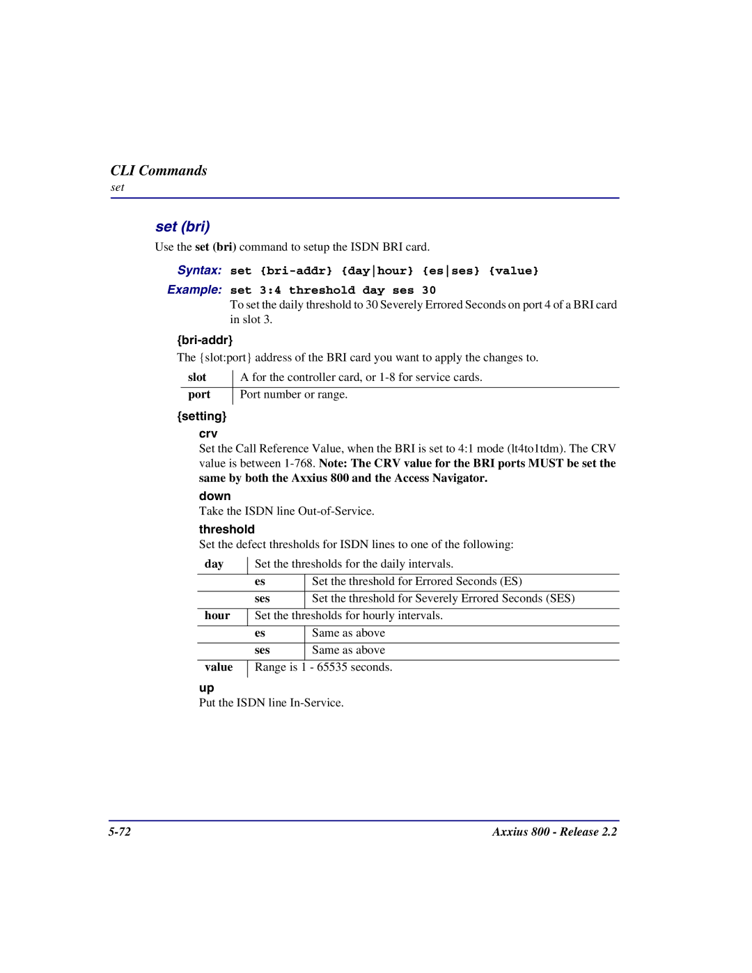 Carrier Access Axxius 800 user manual Set bri, Bri-addr, Setting crv, Down, Threshold 