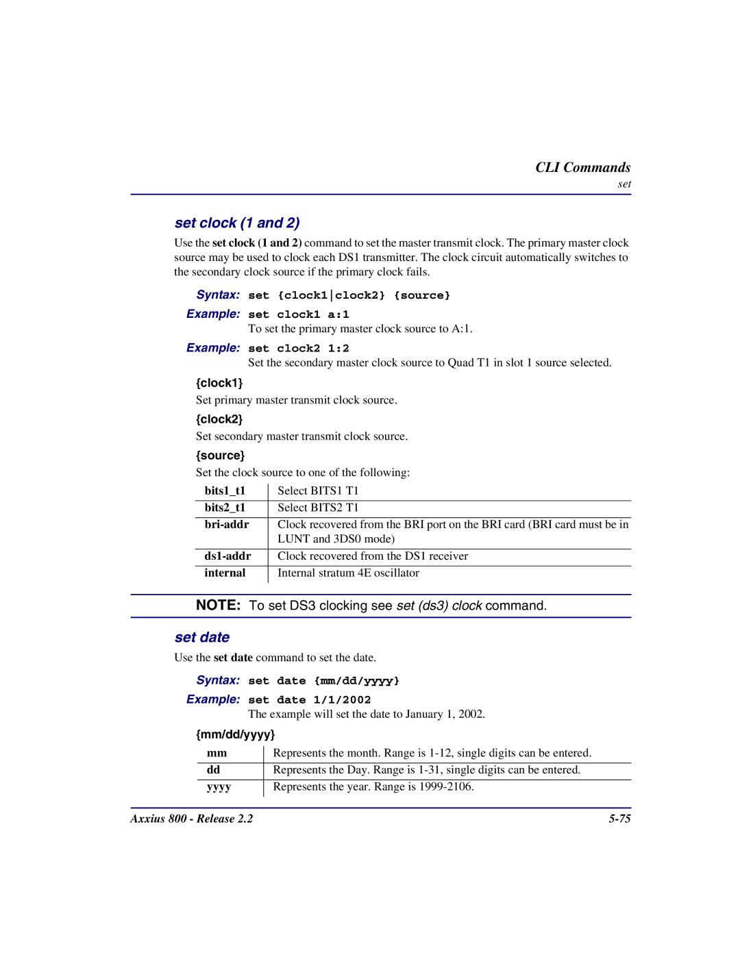 Carrier Access Axxius 800 user manual Set clock 1, Set date 