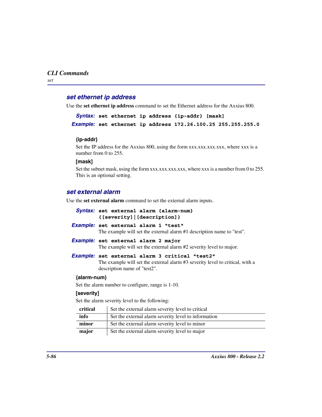 Carrier Access Axxius 800 Set ethernet ip address, Set external alarm, Example set external alarm 2 major, Alarm-num 