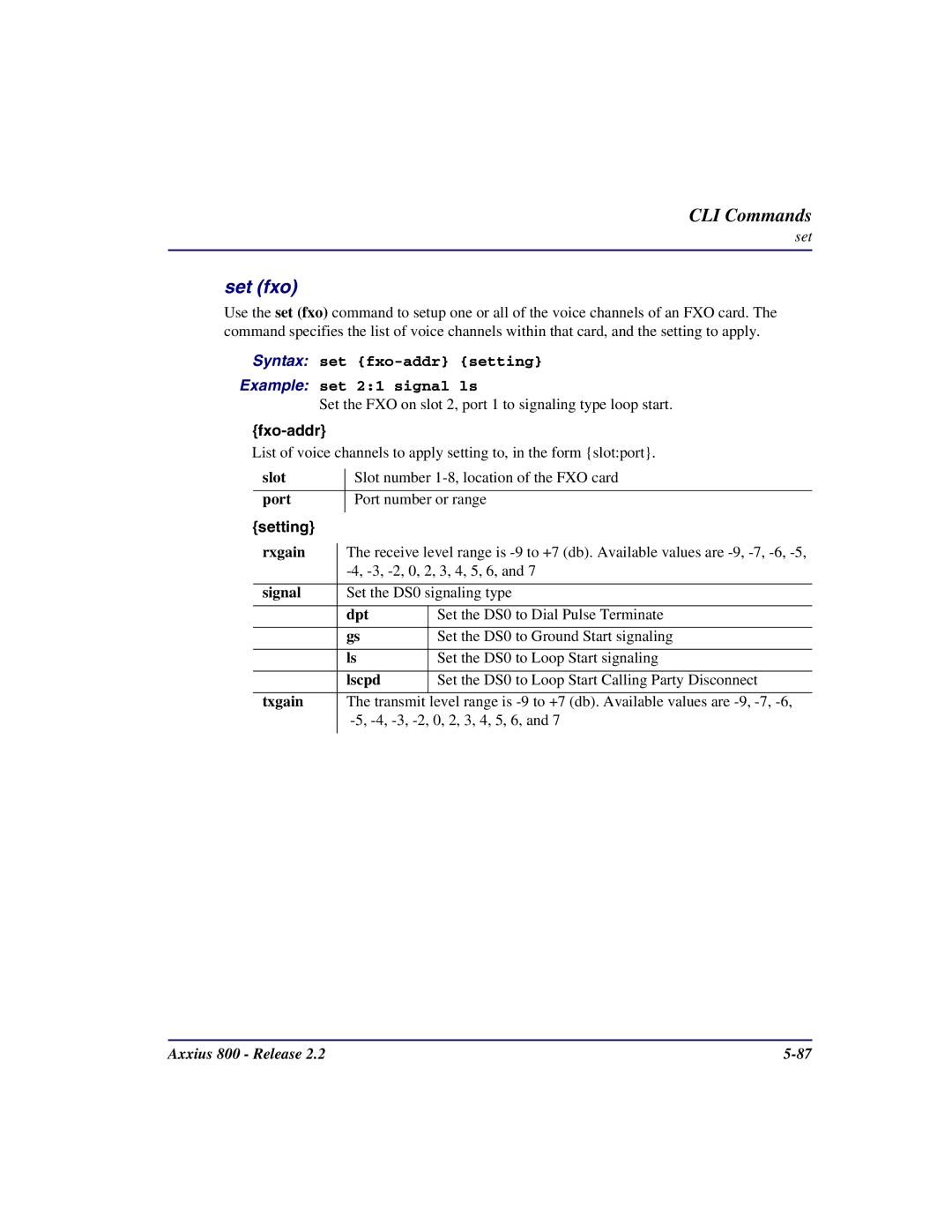 Carrier Access Axxius 800 user manual Set fxo, Fxo-addr 