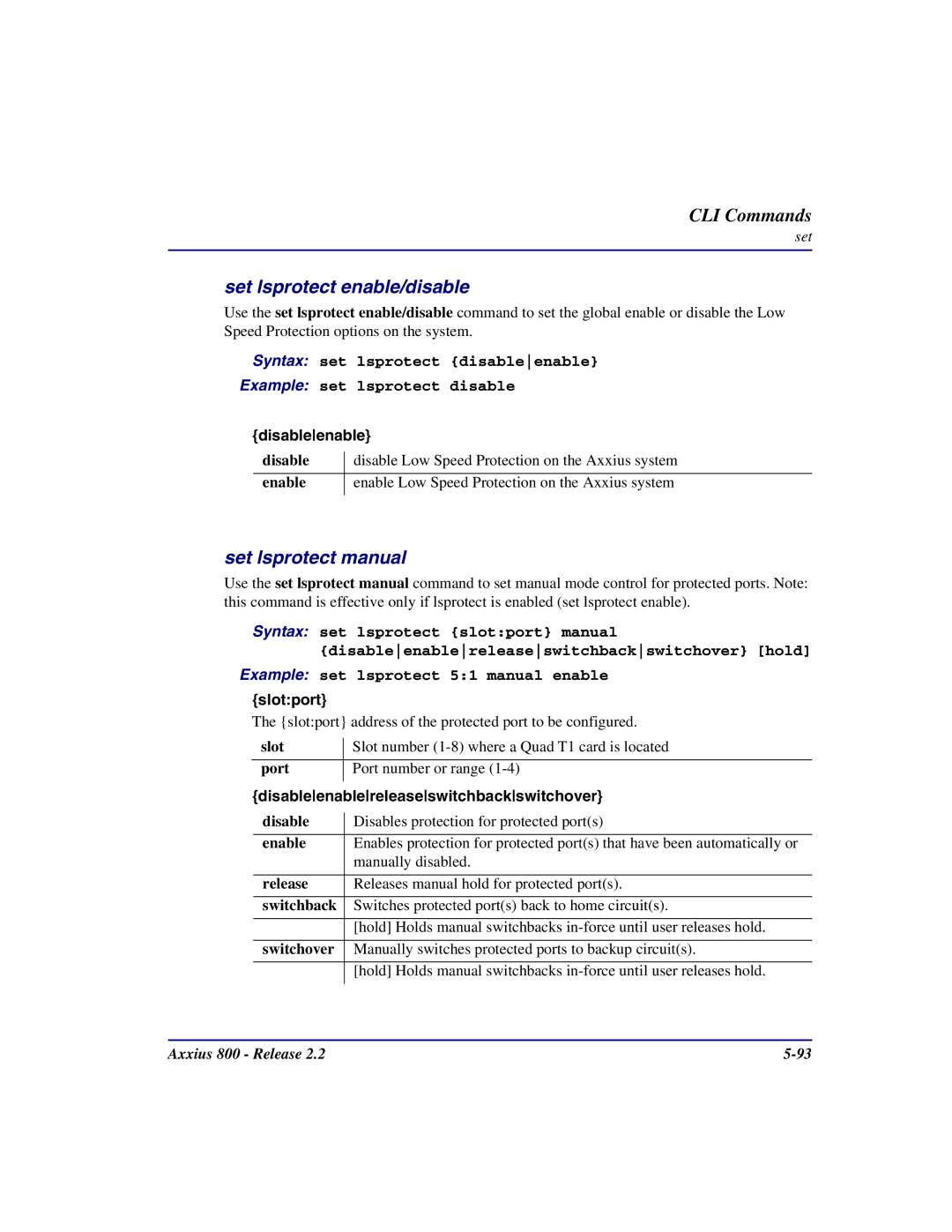 Carrier Access Axxius 800 user manual Set lsprotect enable/disable, Set lsprotect manual, Slotport 