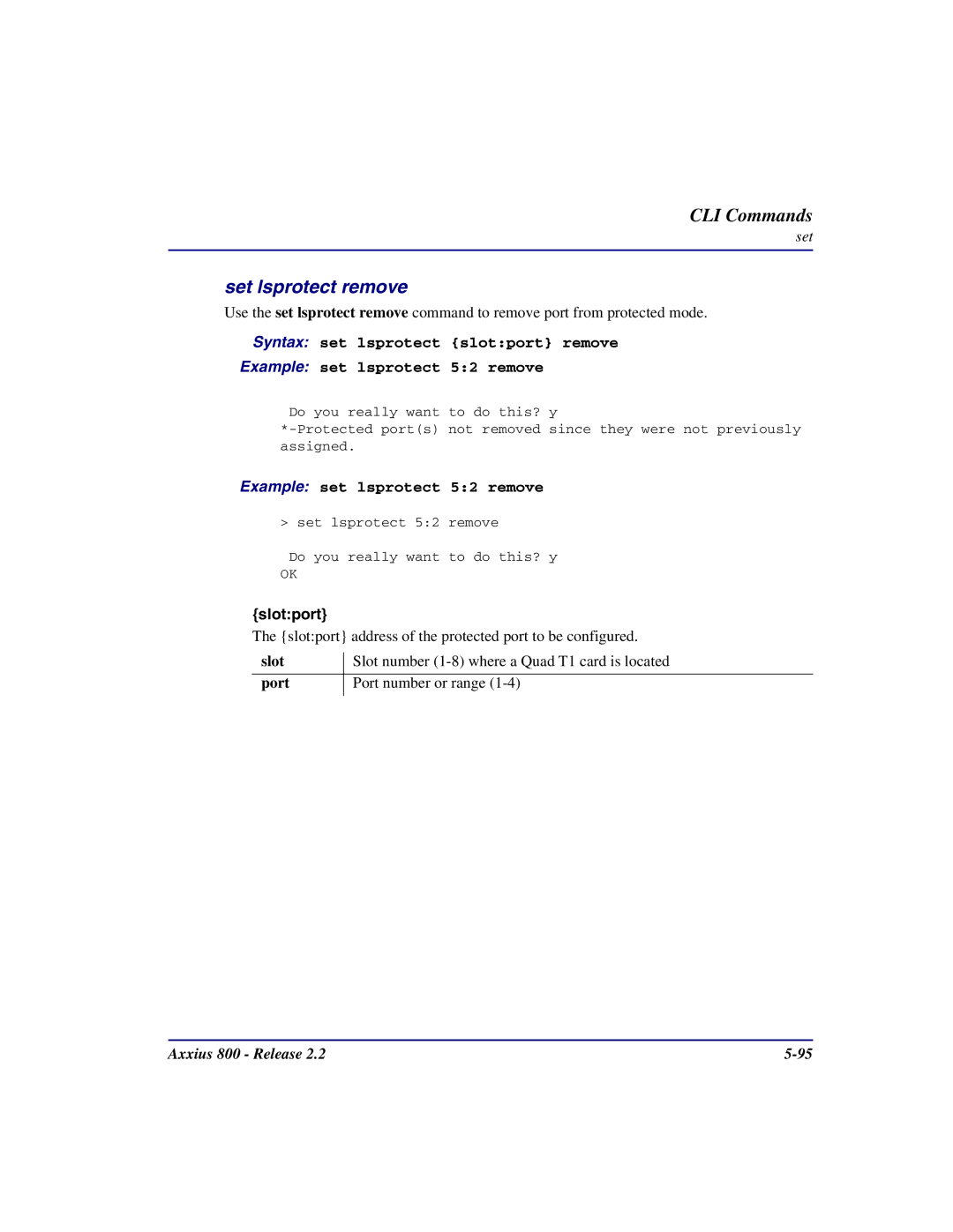 Carrier Access Axxius 800 user manual Set lsprotect remove, Example set lsprotect 52 remove 