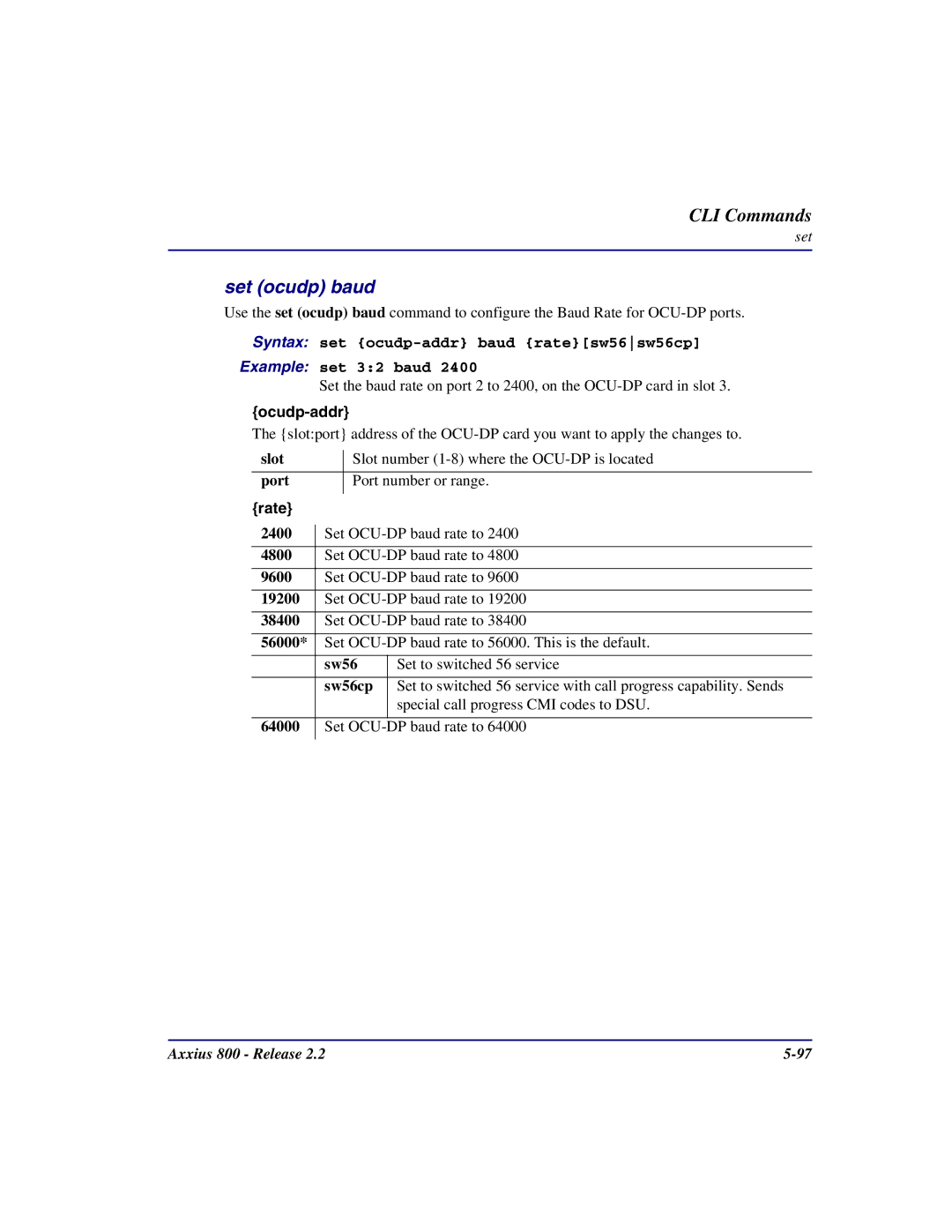 Carrier Access Axxius 800 user manual Set ocudp baud, Rate 