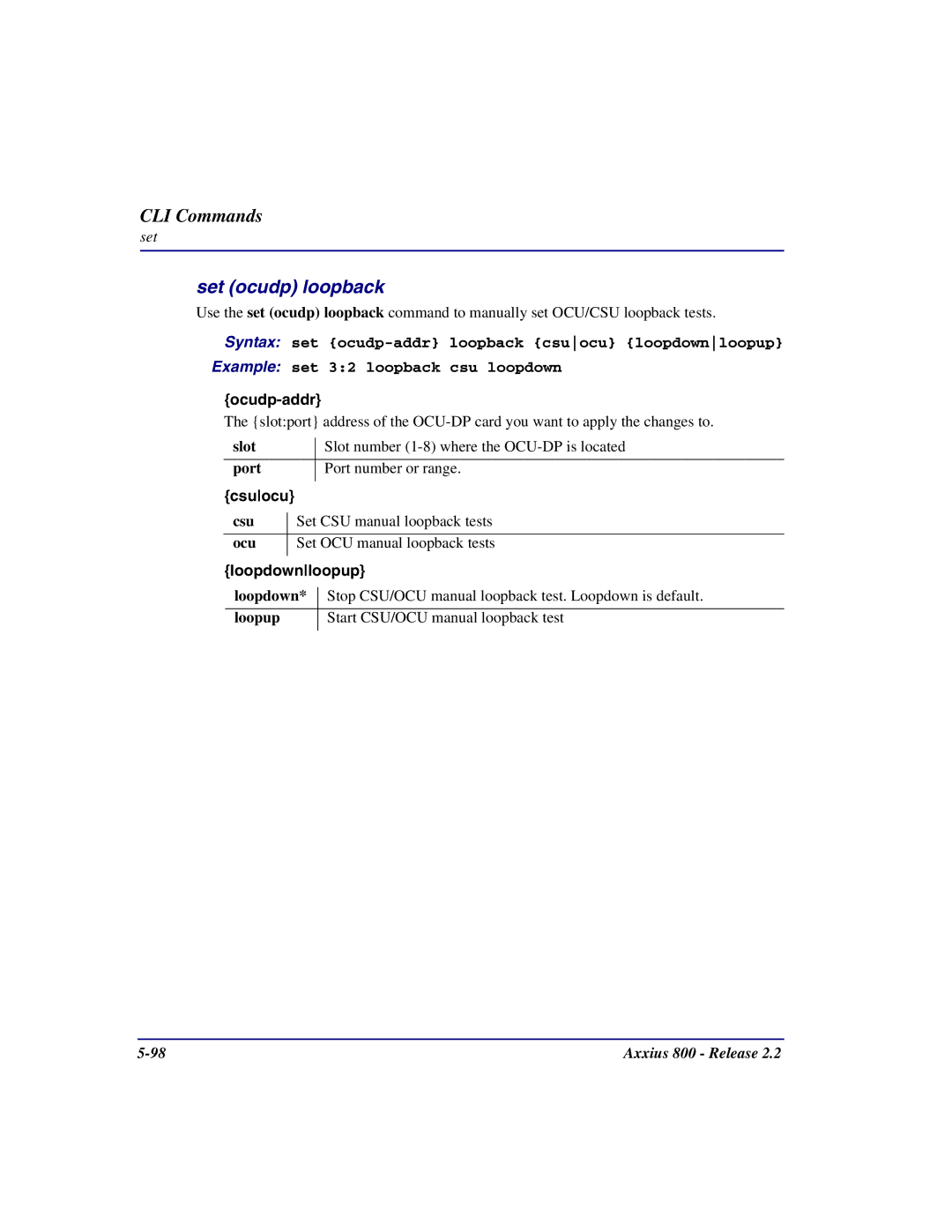 Carrier Access Axxius 800 user manual Set ocudp loopback, Csuocu, Ocu, Loopdownloopup 