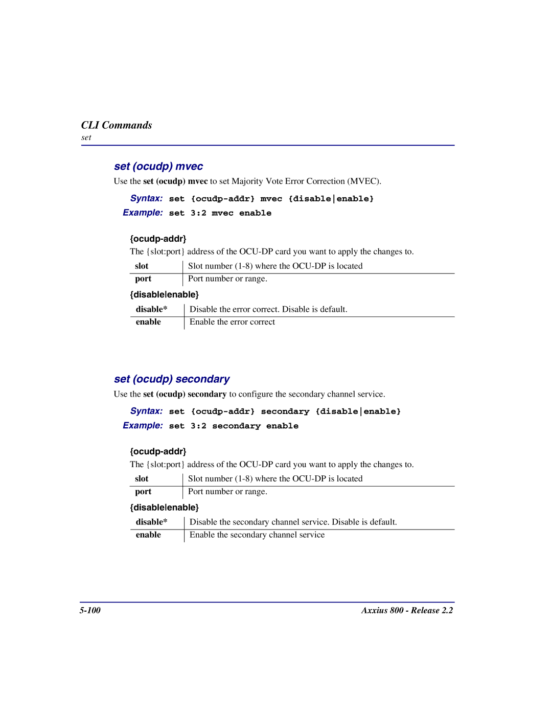 Carrier Access Axxius 800 user manual Set ocudp mvec, Set ocudp secondary 