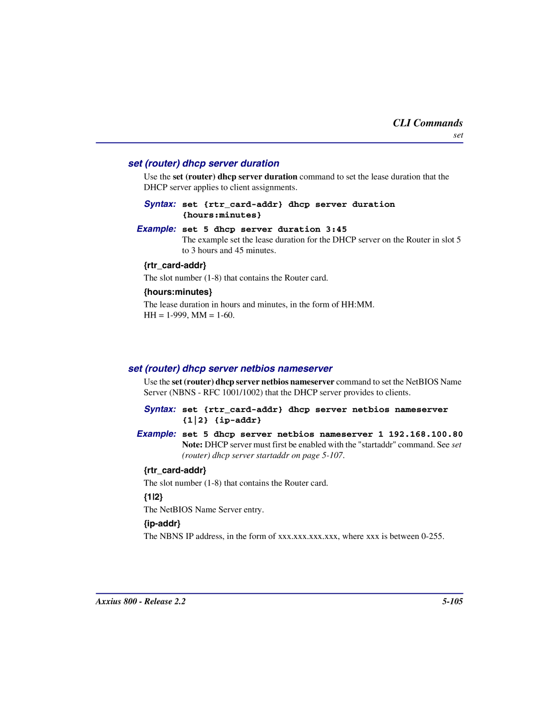 Carrier Access Axxius 800 Set router dhcp server duration, Set router dhcp server netbios nameserver, Hoursminutes 