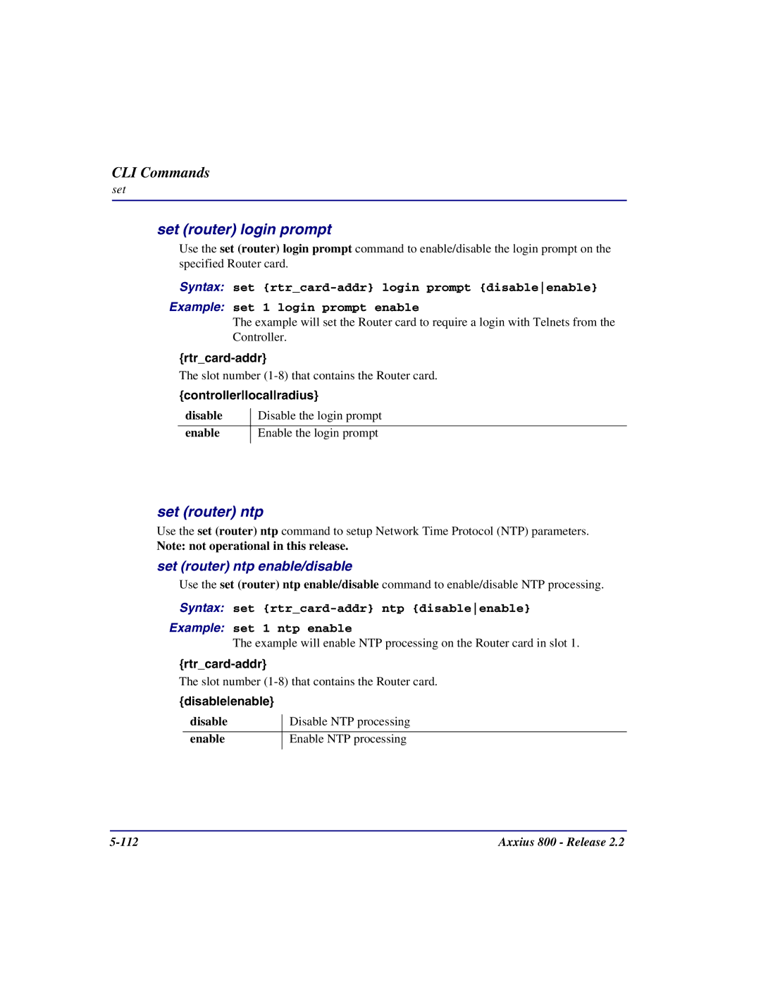 Carrier Access Axxius 800 user manual Set router login prompt, Set router ntp enable/disable 