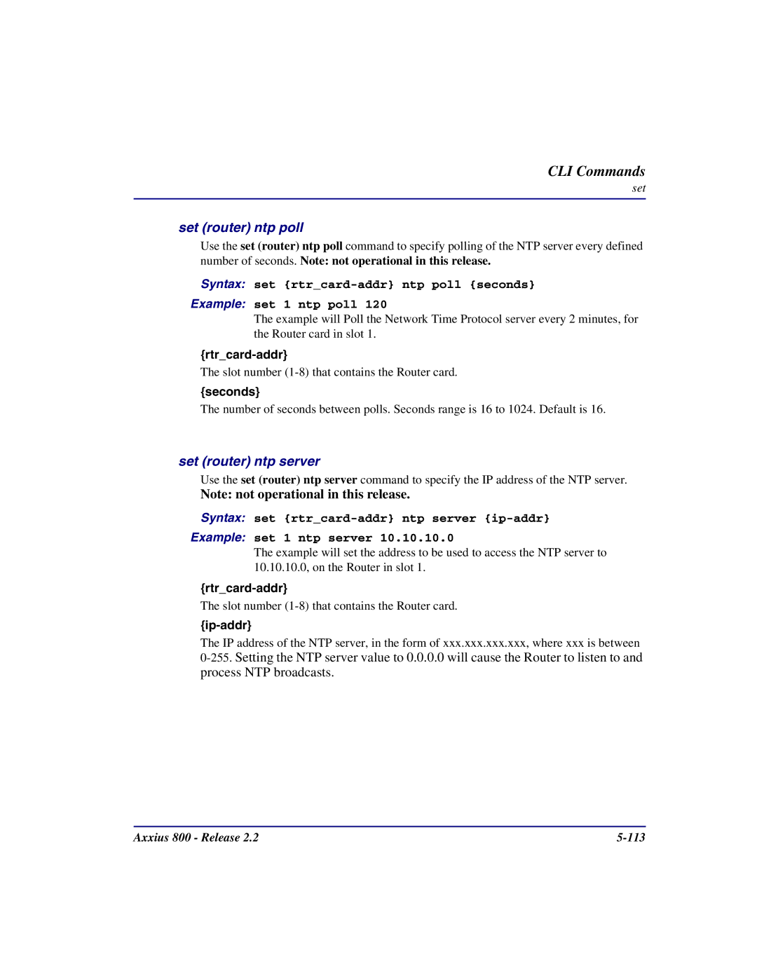 Carrier Access Axxius 800 user manual Set router ntp poll, Set router ntp server, Seconds 