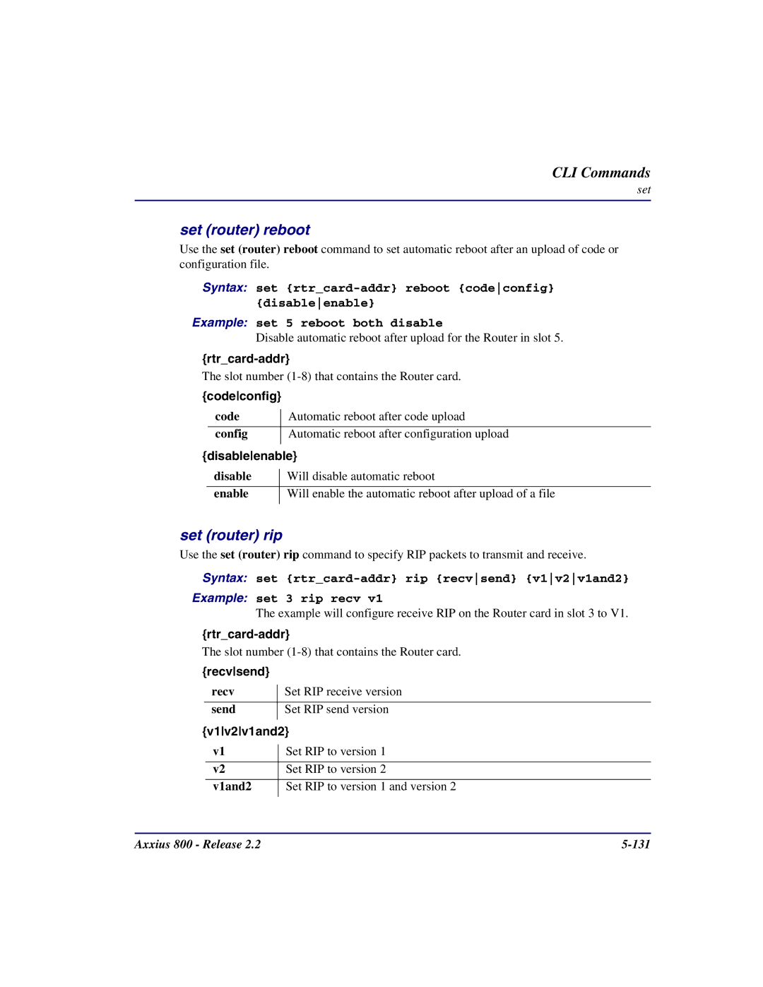 Carrier Access Axxius 800 user manual Set router reboot, Set router rip, Codeconfig, Recvsend, V1v2v1and2 