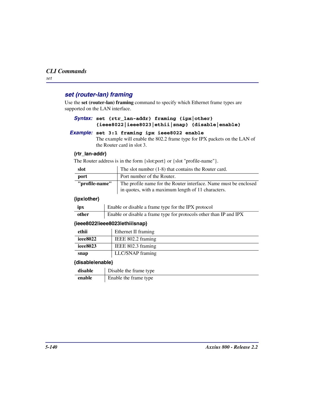 Carrier Access Axxius 800 user manual Set router-lan framing, Ipxother, Ieee8022ieee8023ethiisnap 