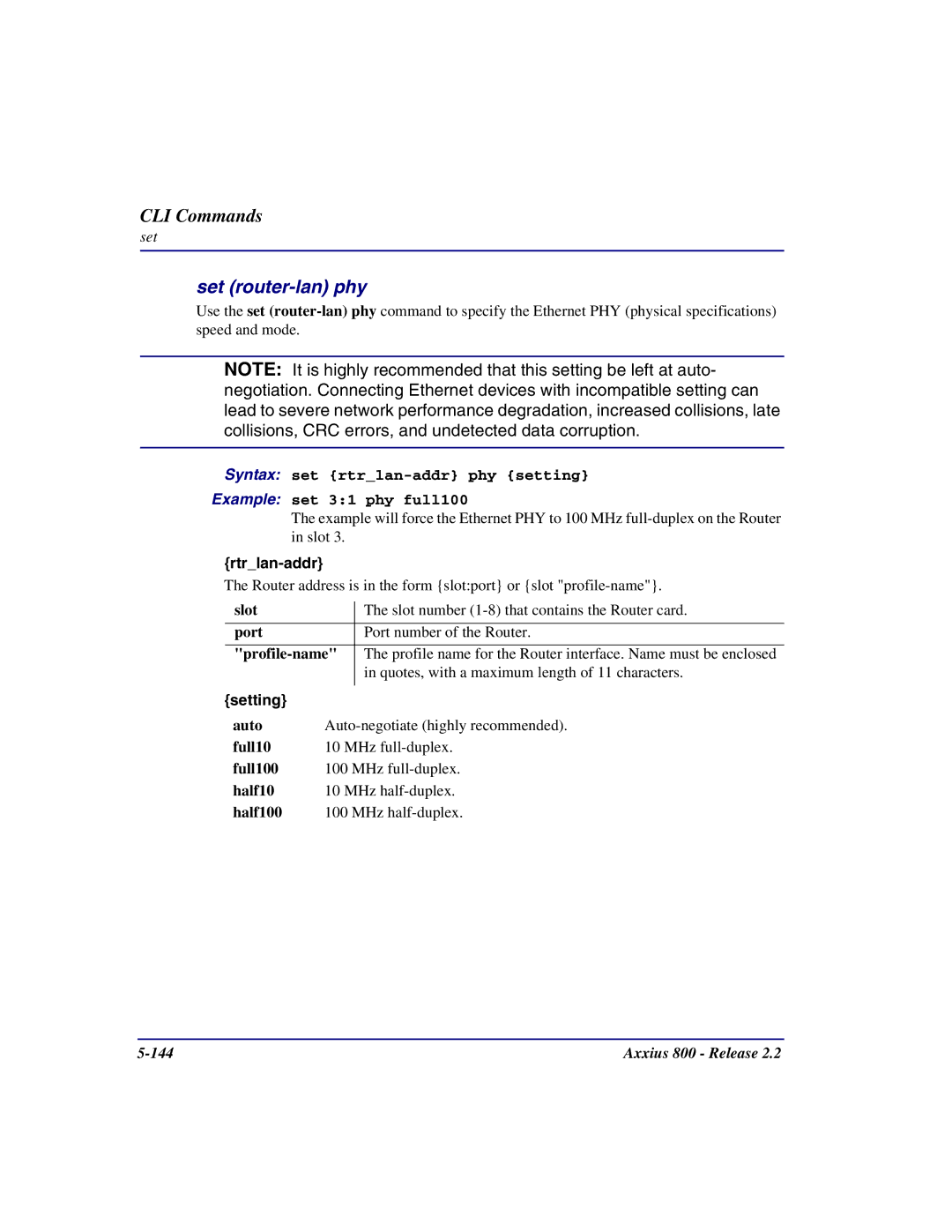 Carrier Access Axxius 800 user manual Set router-lan phy 