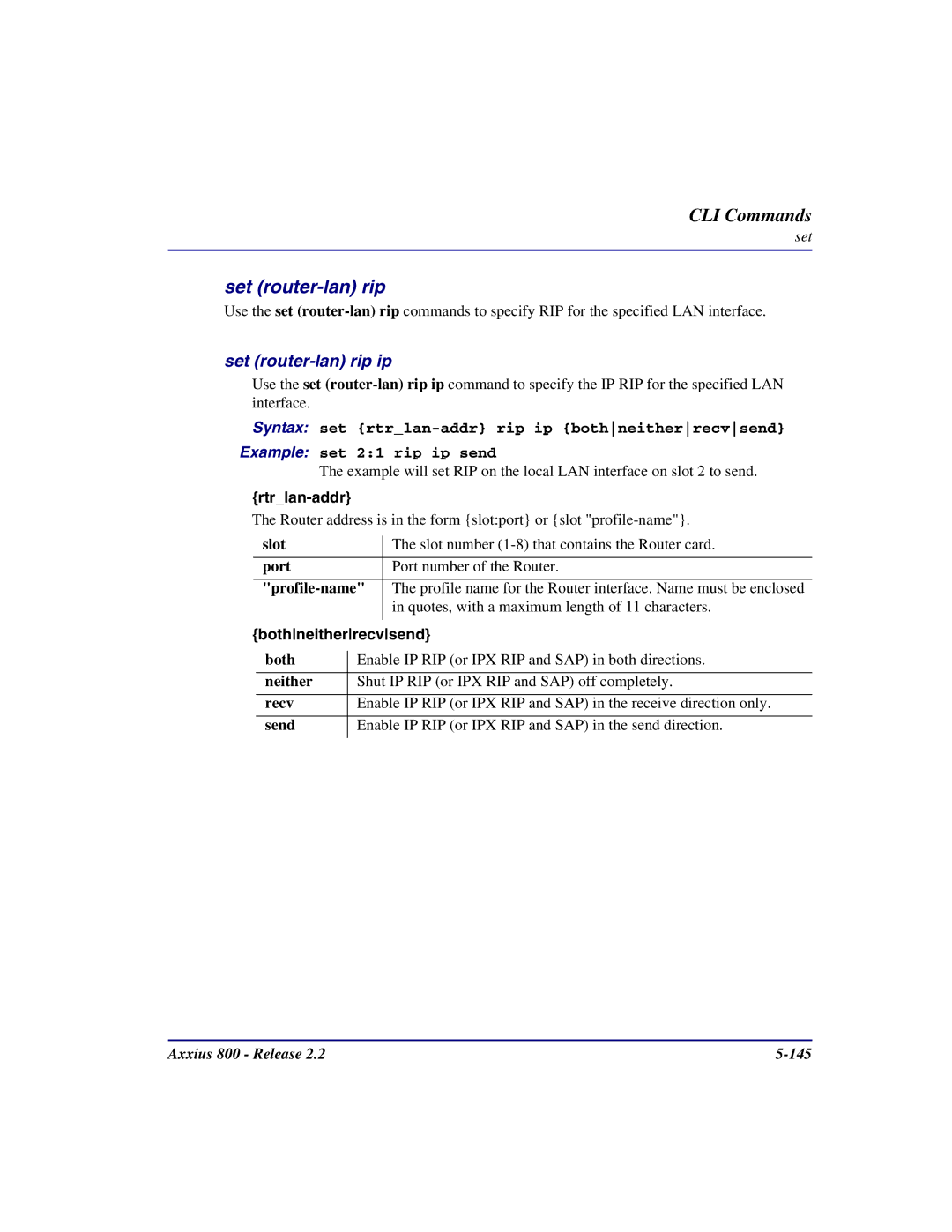 Carrier Access Axxius 800 user manual Set router-lan rip ip, Bothneitherrecvsend 