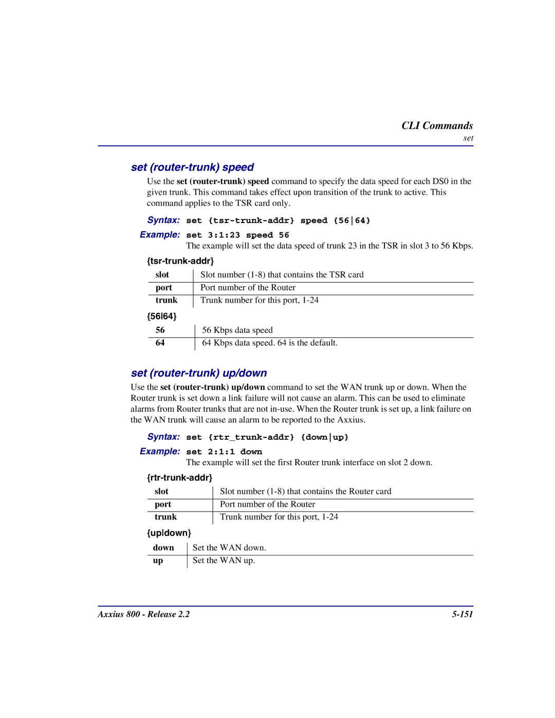 Carrier Access Axxius 800 user manual Set router-trunk speed, Set router-trunk up/down, Tsr-trunk-addr, 5664 