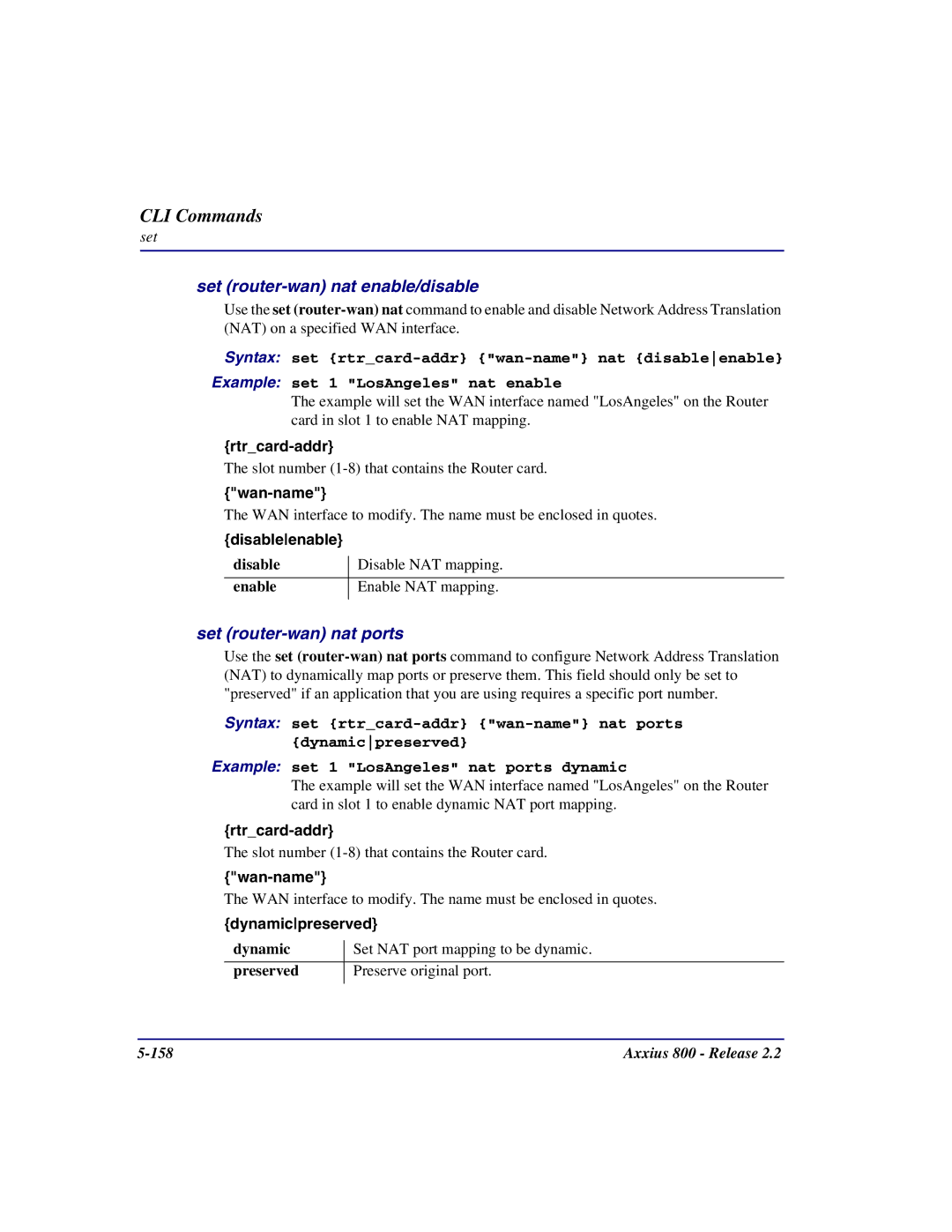 Carrier Access Axxius 800 user manual Set router-wan nat enable/disable, Set router-wan nat ports, Dynamicpreserved 