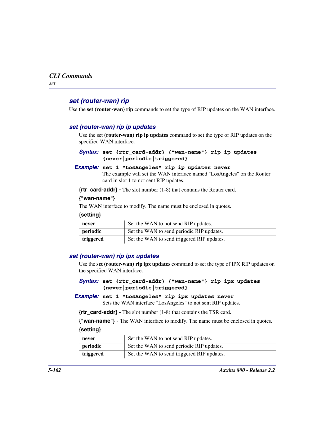 Carrier Access Axxius 800 user manual Set router-wan rip ip updates, Set router-wan rip ipx updates 