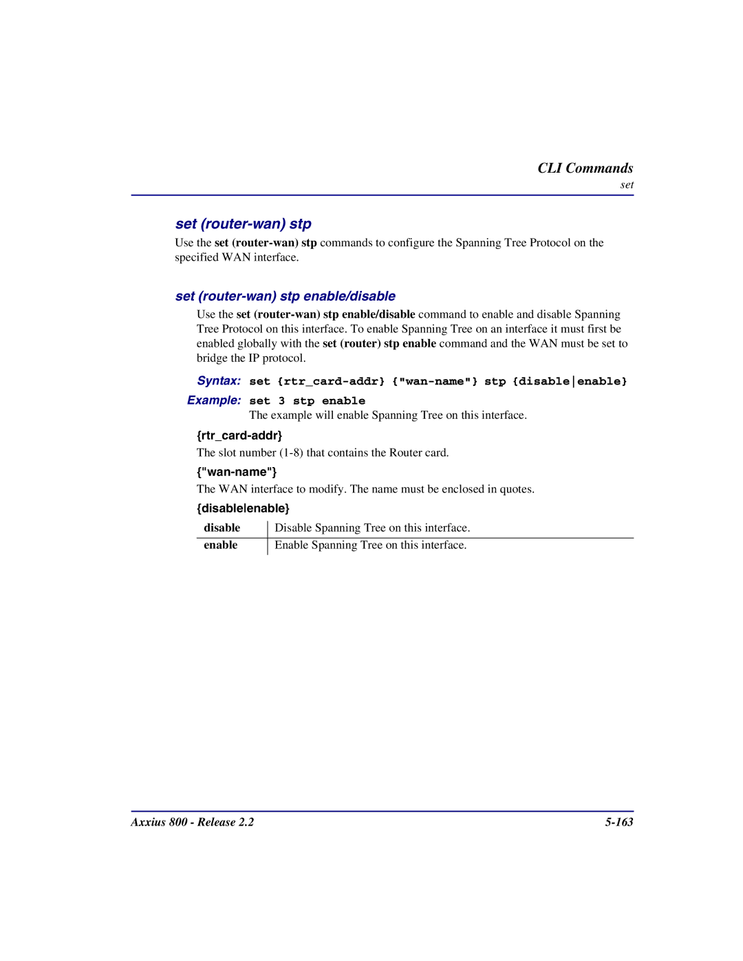 Carrier Access Axxius 800 user manual Set router-wan stp enable/disable 