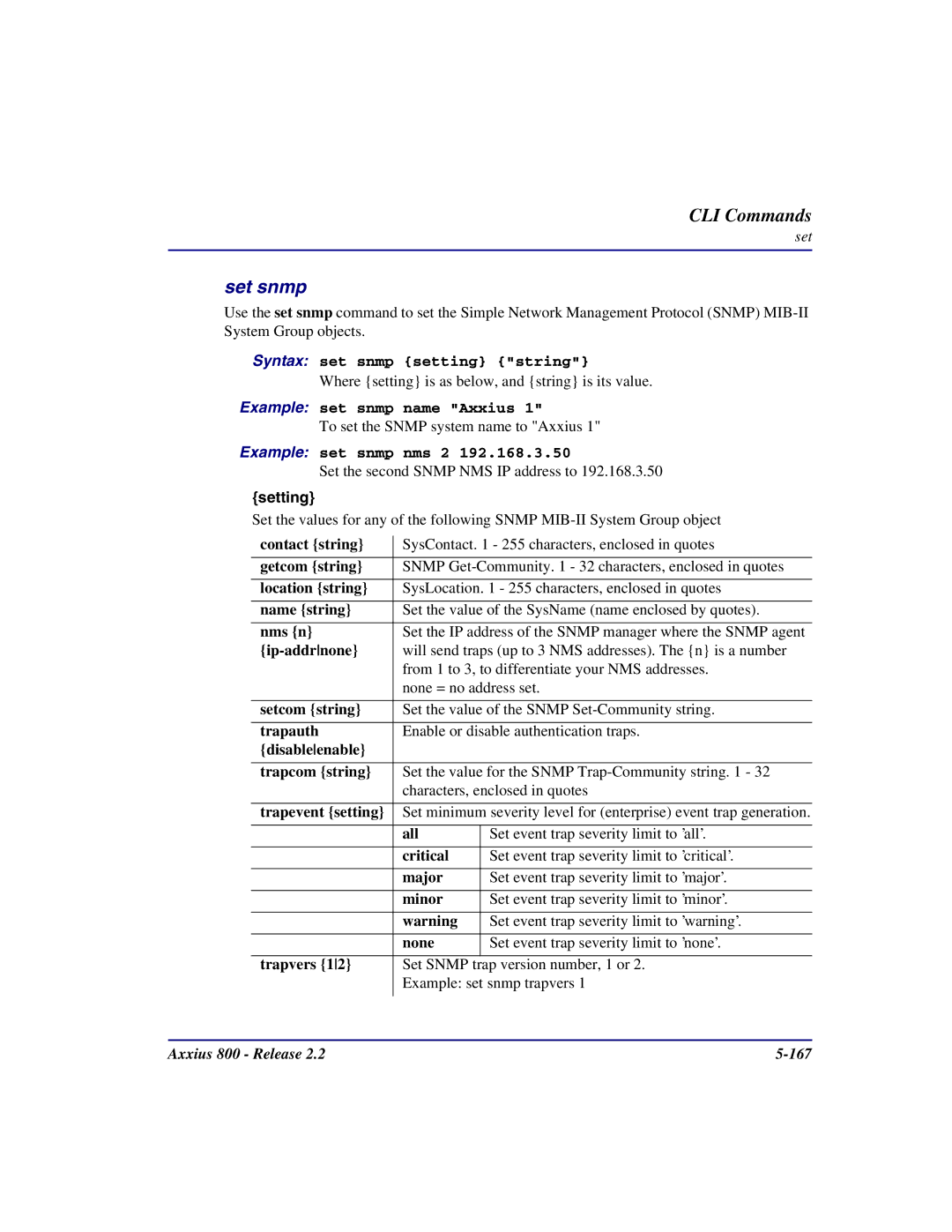 Carrier Access Axxius 800 user manual Set snmp 