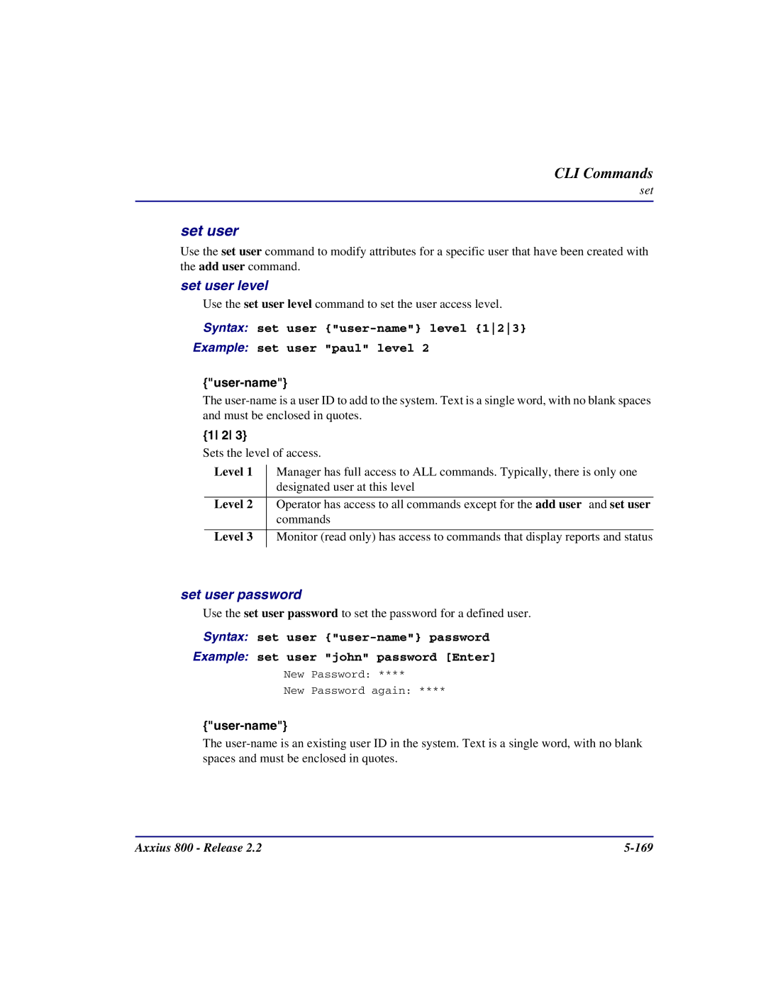 Carrier Access Axxius 800 user manual Set user level, Set user password 