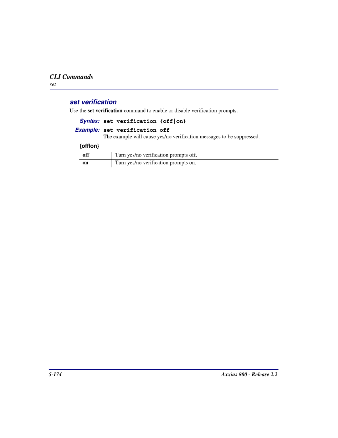 Carrier Access Axxius 800 user manual Set verification, Syntax set verification offon Example set verification off 