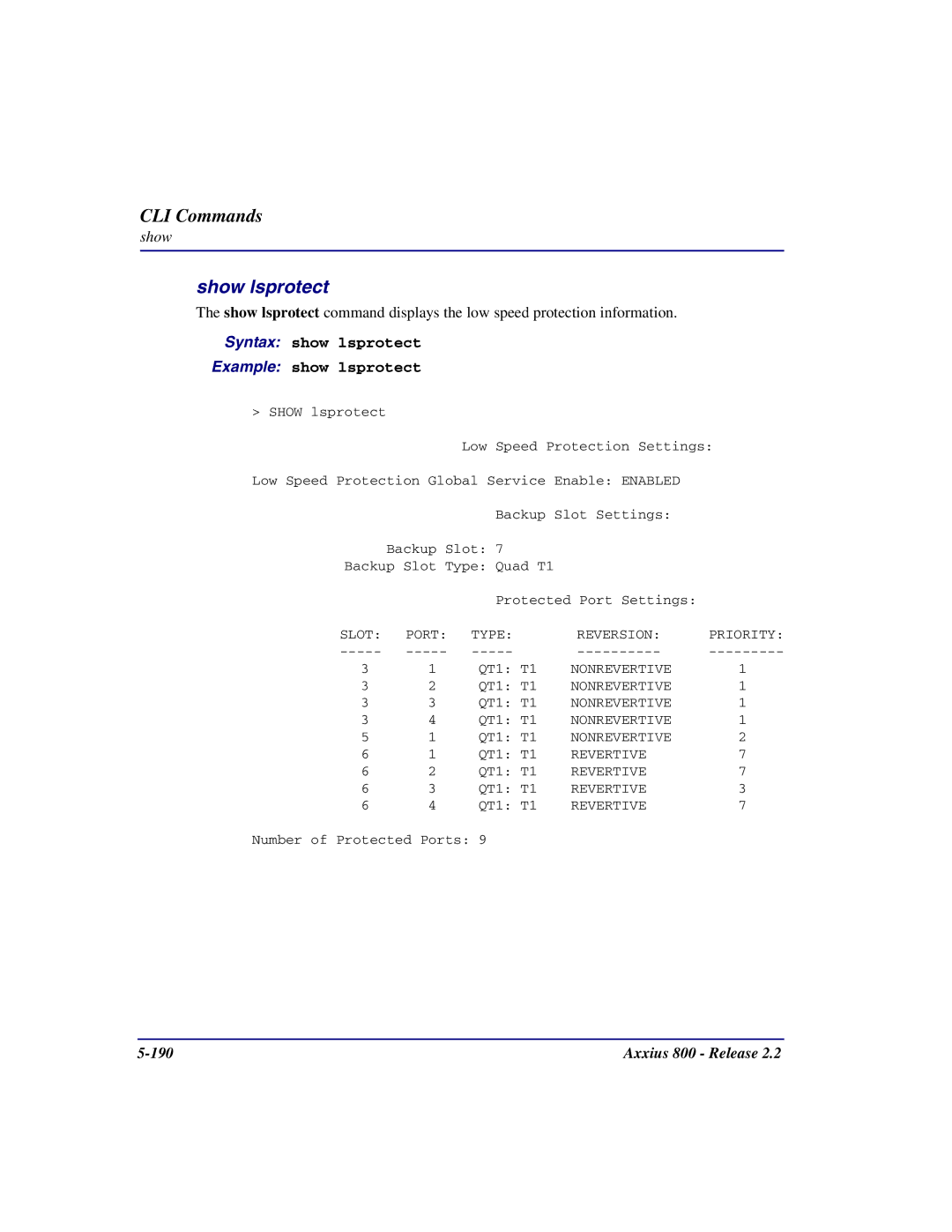 Carrier Access Axxius 800 user manual Show lsprotect, Syntax show lsprotect Example show lsprotect 