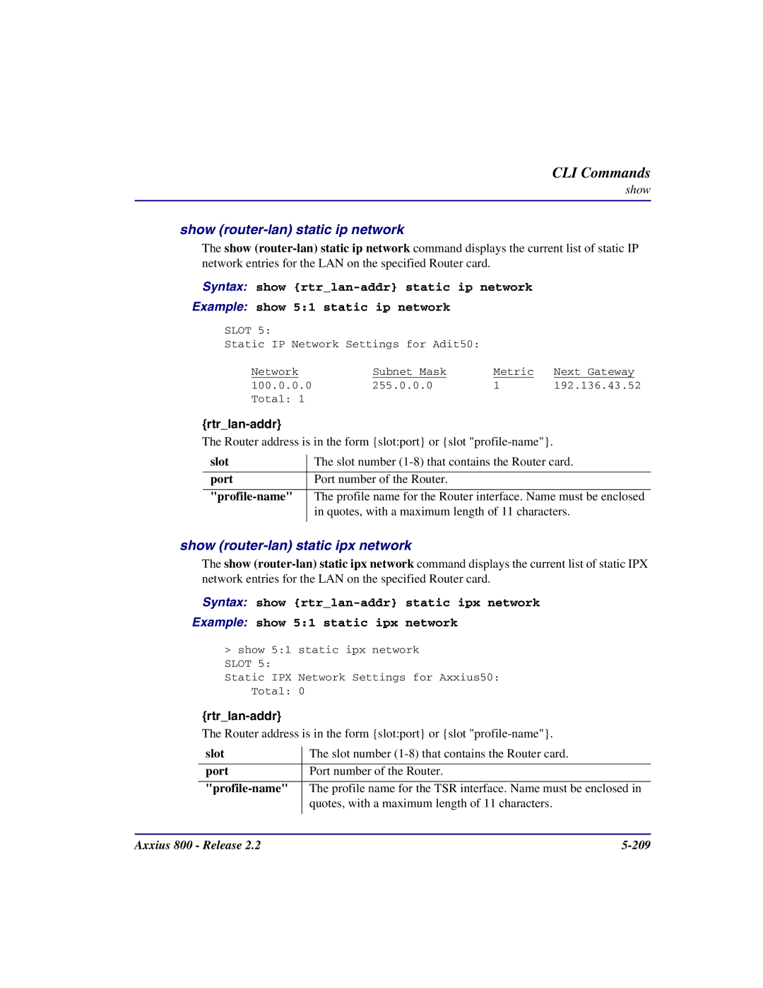 Carrier Access Axxius 800 user manual Show router-lan static ip network, Show router-lan static ipx network 