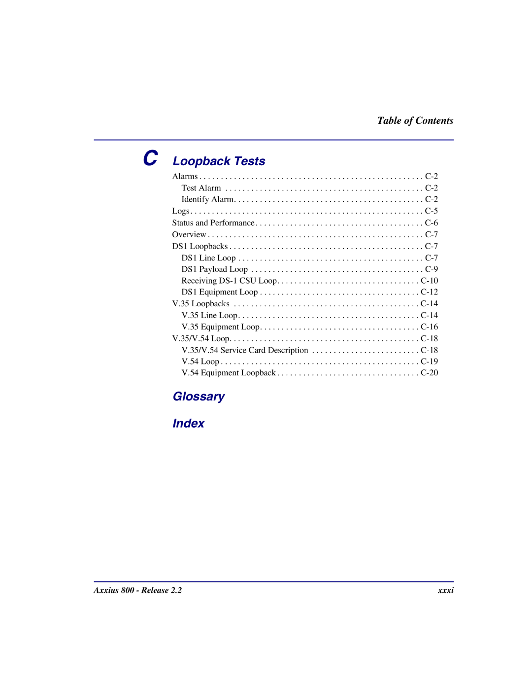 Carrier Access Axxius 800 user manual Loopback Tests, Glossary Index 