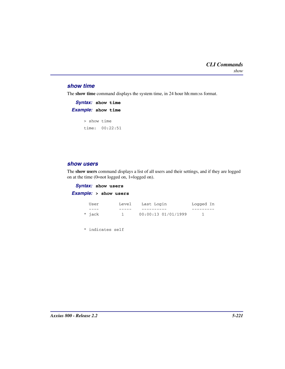 Carrier Access Axxius 800 user manual Show time, Show users, Syntax show time, Syntax show users Example show users 