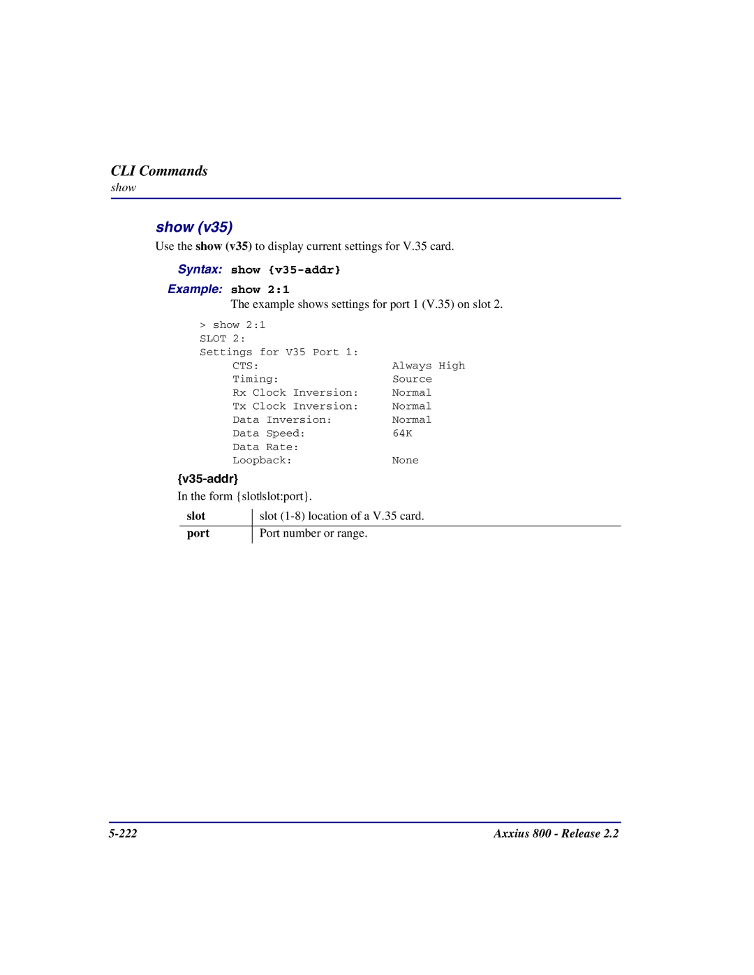 Carrier Access Axxius 800 user manual Show, Syntax show v35-addr 
