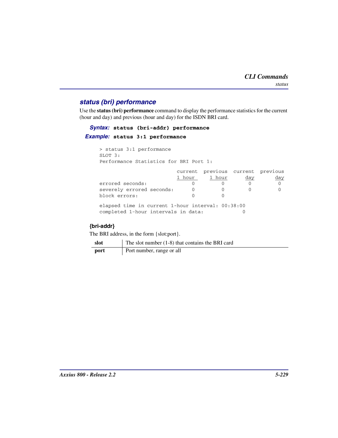 Carrier Access Axxius 800 user manual Status bri performance 