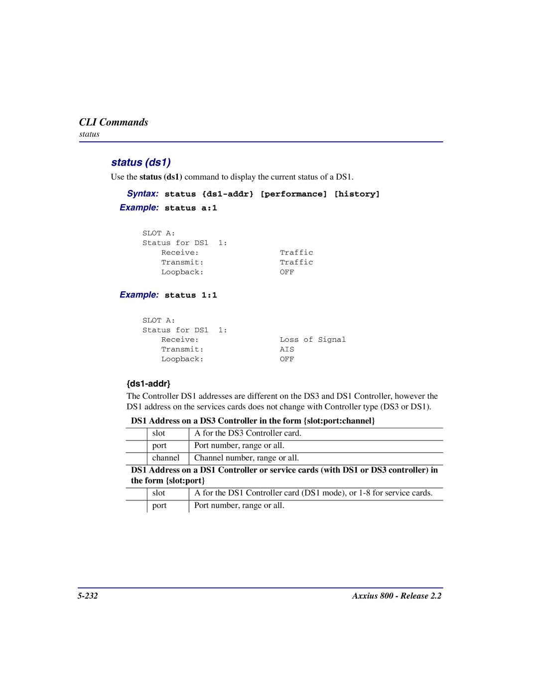 Carrier Access Axxius 800 user manual Status ds1, Syntax status ds1-addr performance history Example status a1 