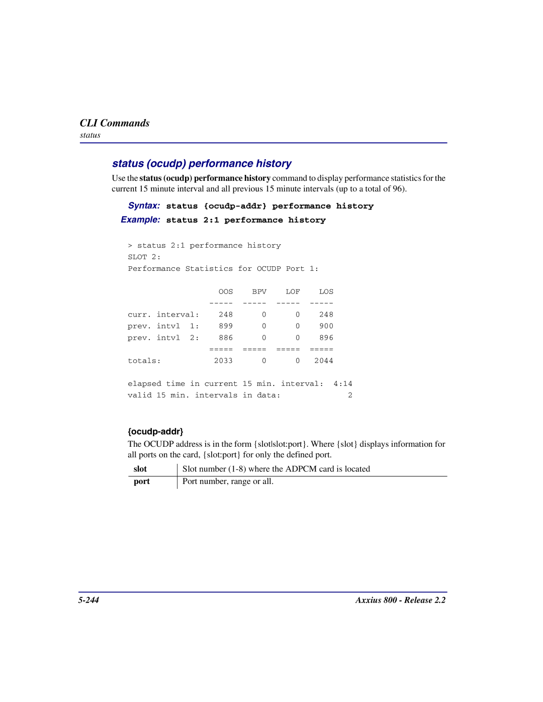 Carrier Access Axxius 800 user manual Status ocudp performance history, Oos Bpv Lof Los 