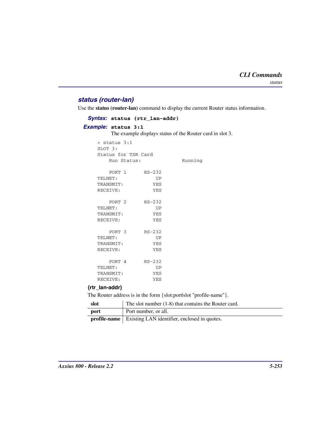 Carrier Access Axxius 800 user manual Status router-lan, Syntax status rtrlan-addr Example status 