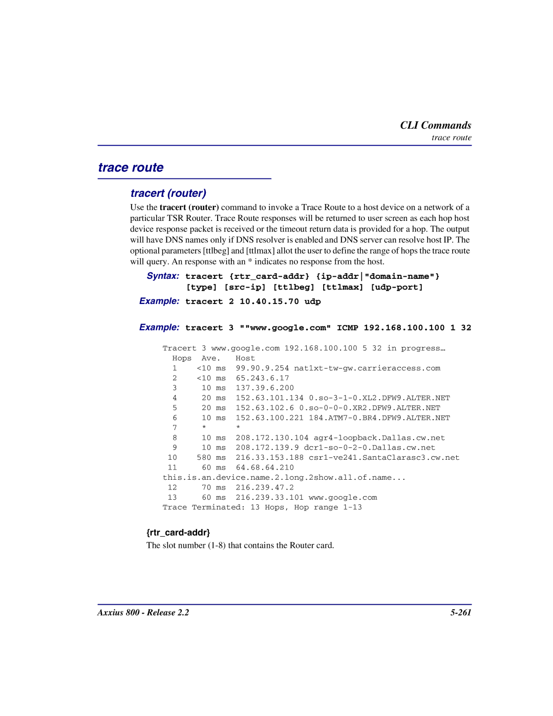 Carrier Access Axxius 800 user manual Trace route, Tracert router 