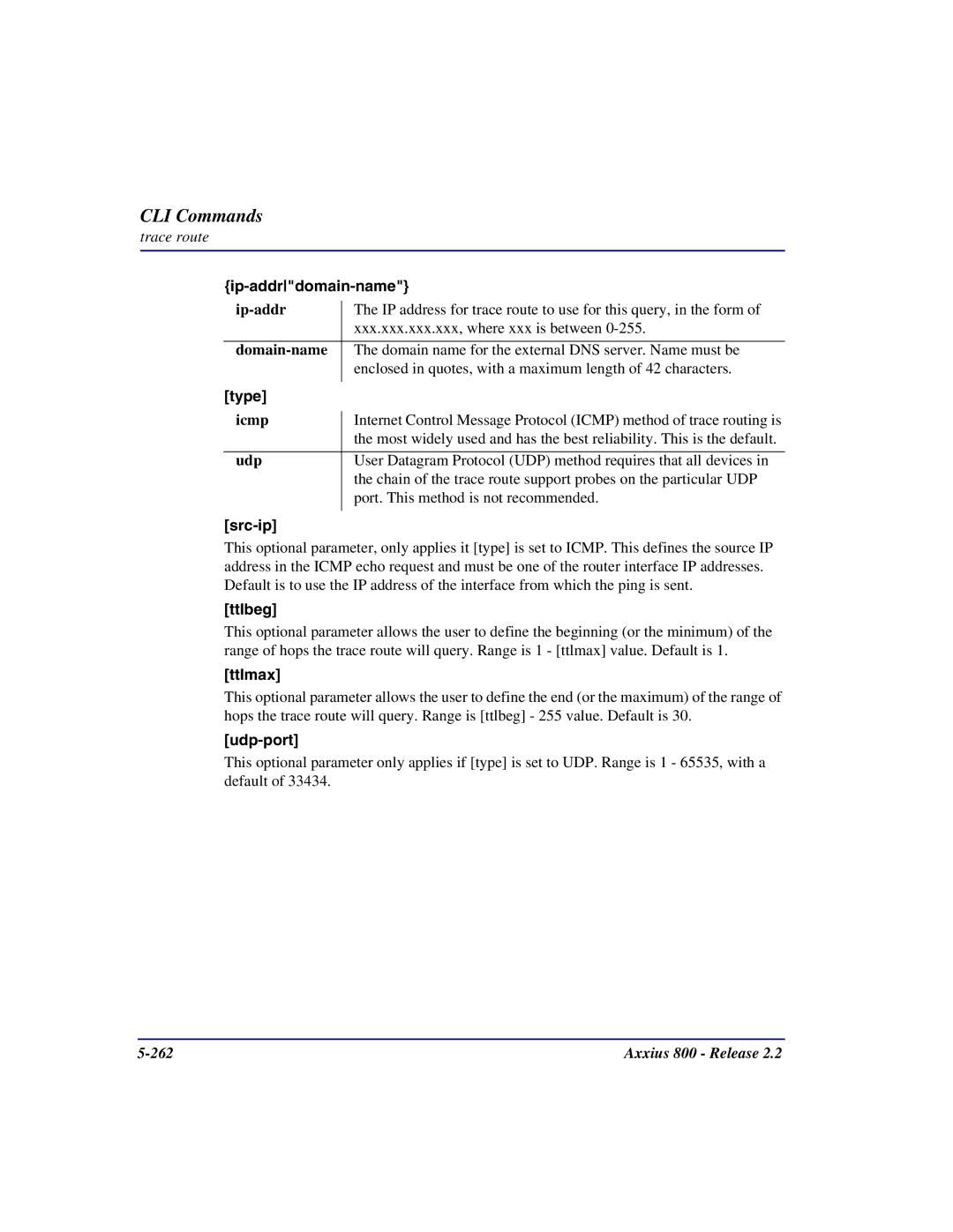 Carrier Access Axxius 800 user manual Ip-addrdomain-name, Type, Src-ip, Ttlbeg, Ttlmax, Udp-port 