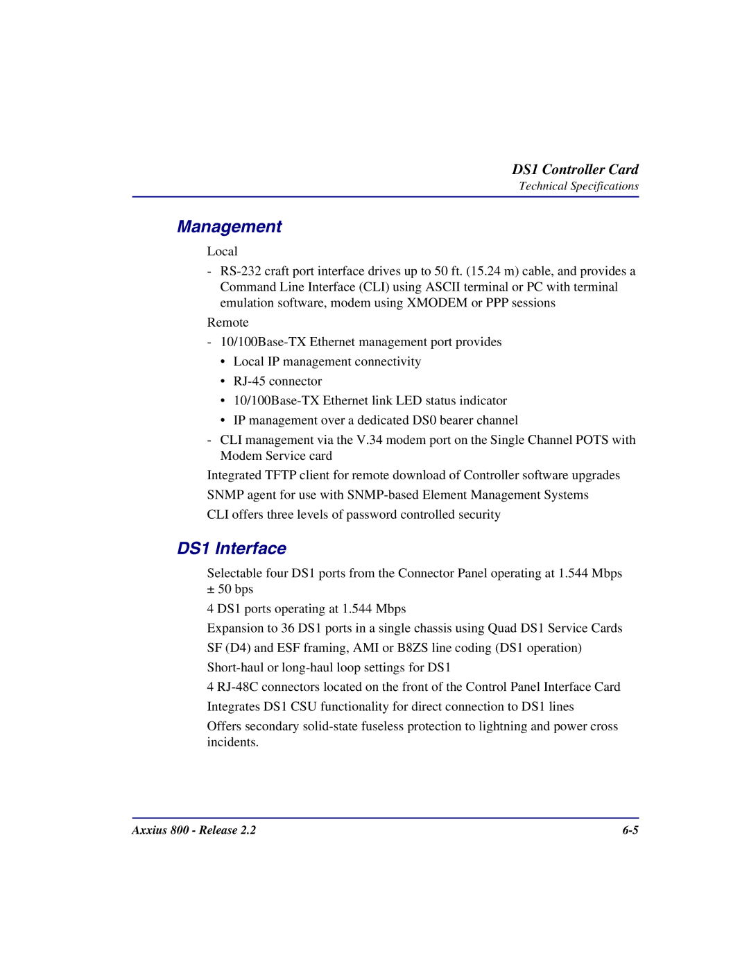 Carrier Access Axxius 800 user manual Management, DS1 Interface 