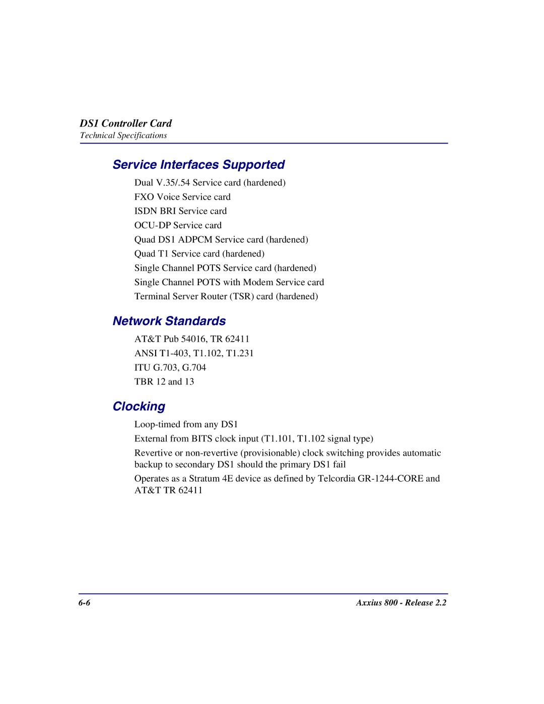 Carrier Access Axxius 800 user manual Service Interfaces Supported, Clocking 