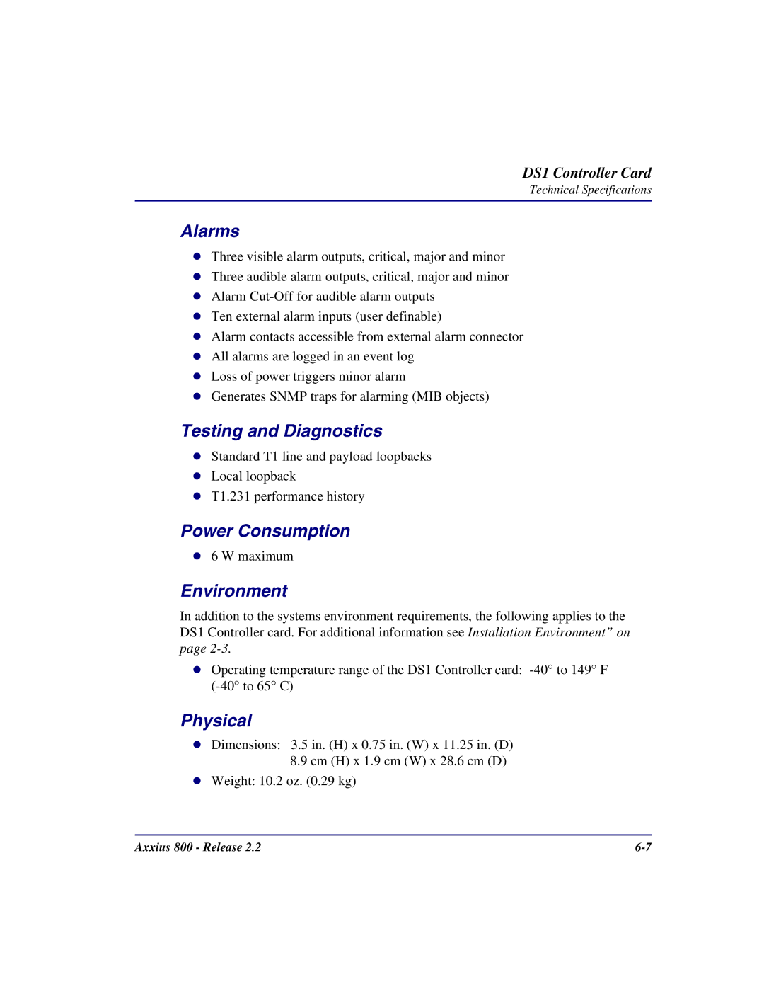 Carrier Access Axxius 800 user manual Testing and Diagnostics, Power Consumption, Physical 