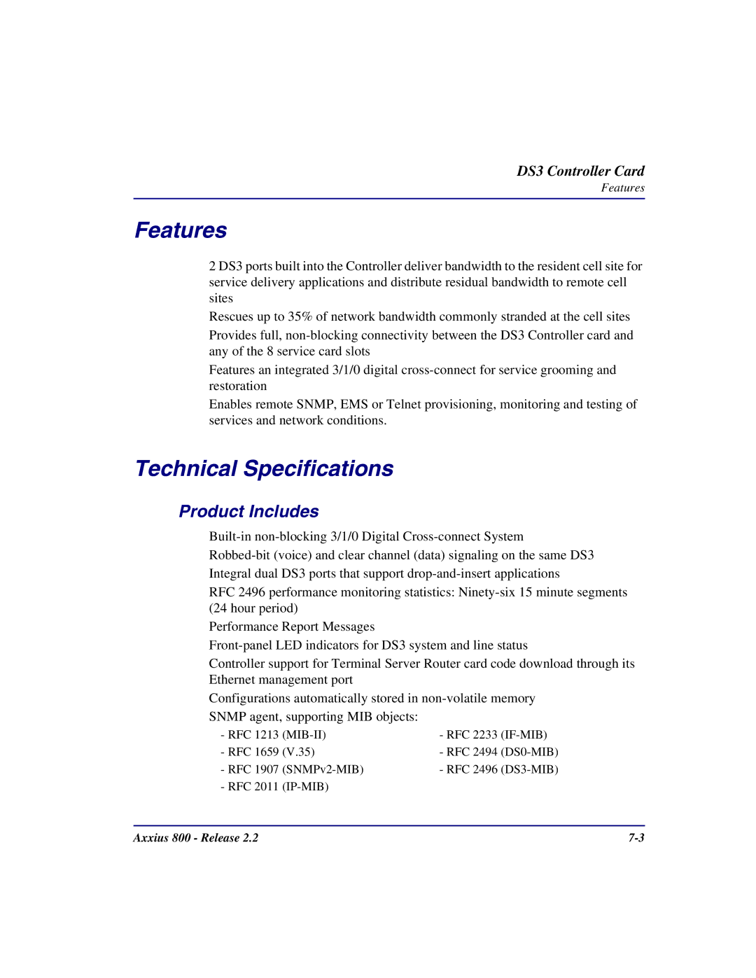 Carrier Access Axxius 800 user manual RFC DS0-MIB SNMPv2-MIB DS3-MIB 