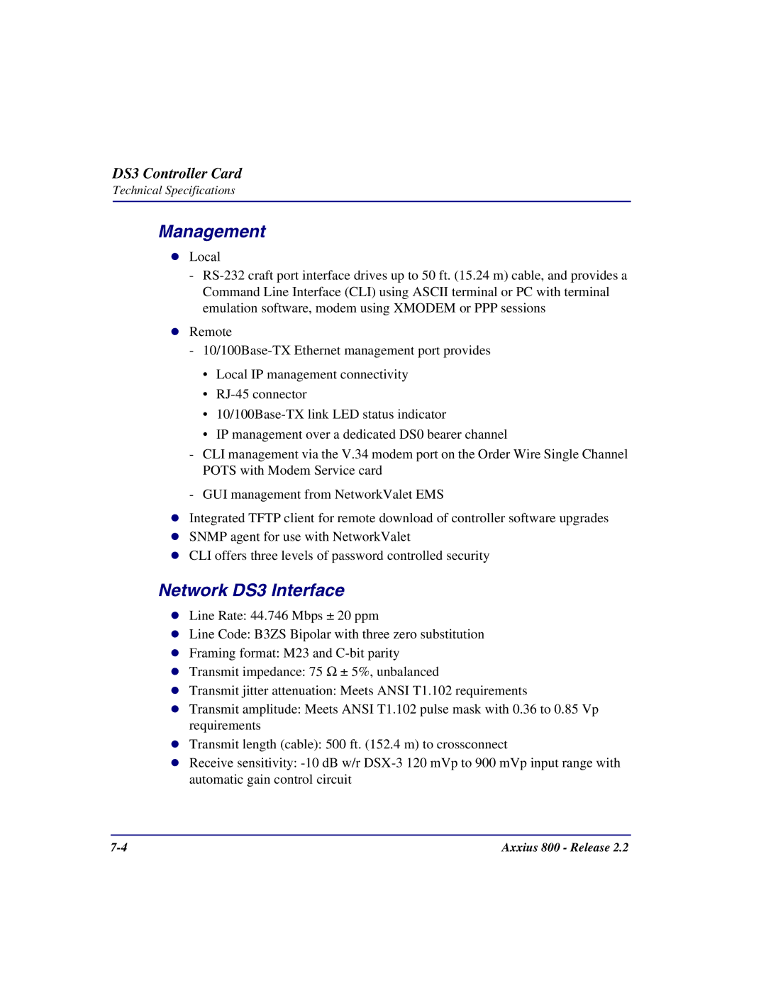 Carrier Access Axxius 800 user manual Management, Network DS3 Interface 