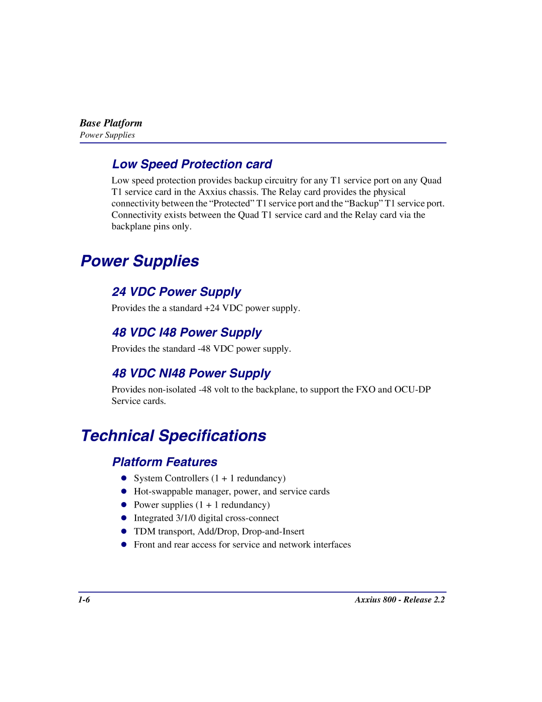 Carrier Access Axxius 800 user manual Power Supplies, Technical Specifications 