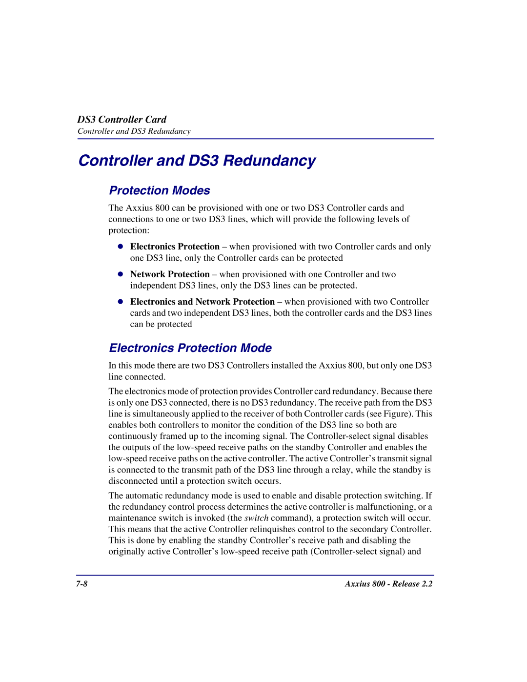 Carrier Access Axxius 800 user manual Controller and DS3 Redundancy, Protection Modes, Electronics Protection Mode 