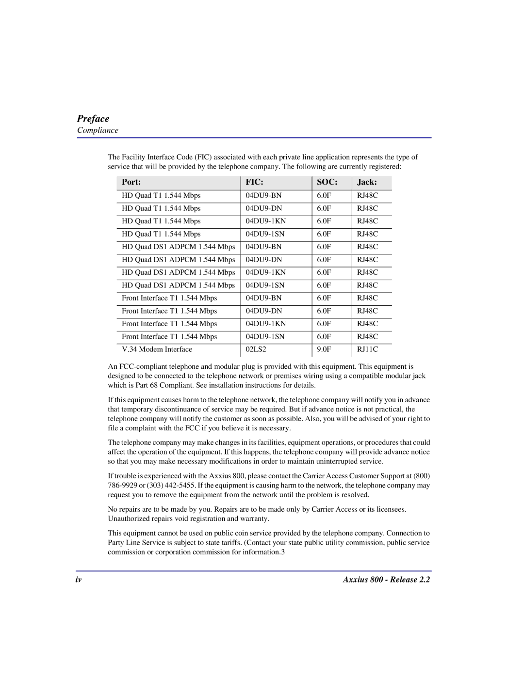 Carrier Access Axxius 800 user manual Port, Jack 