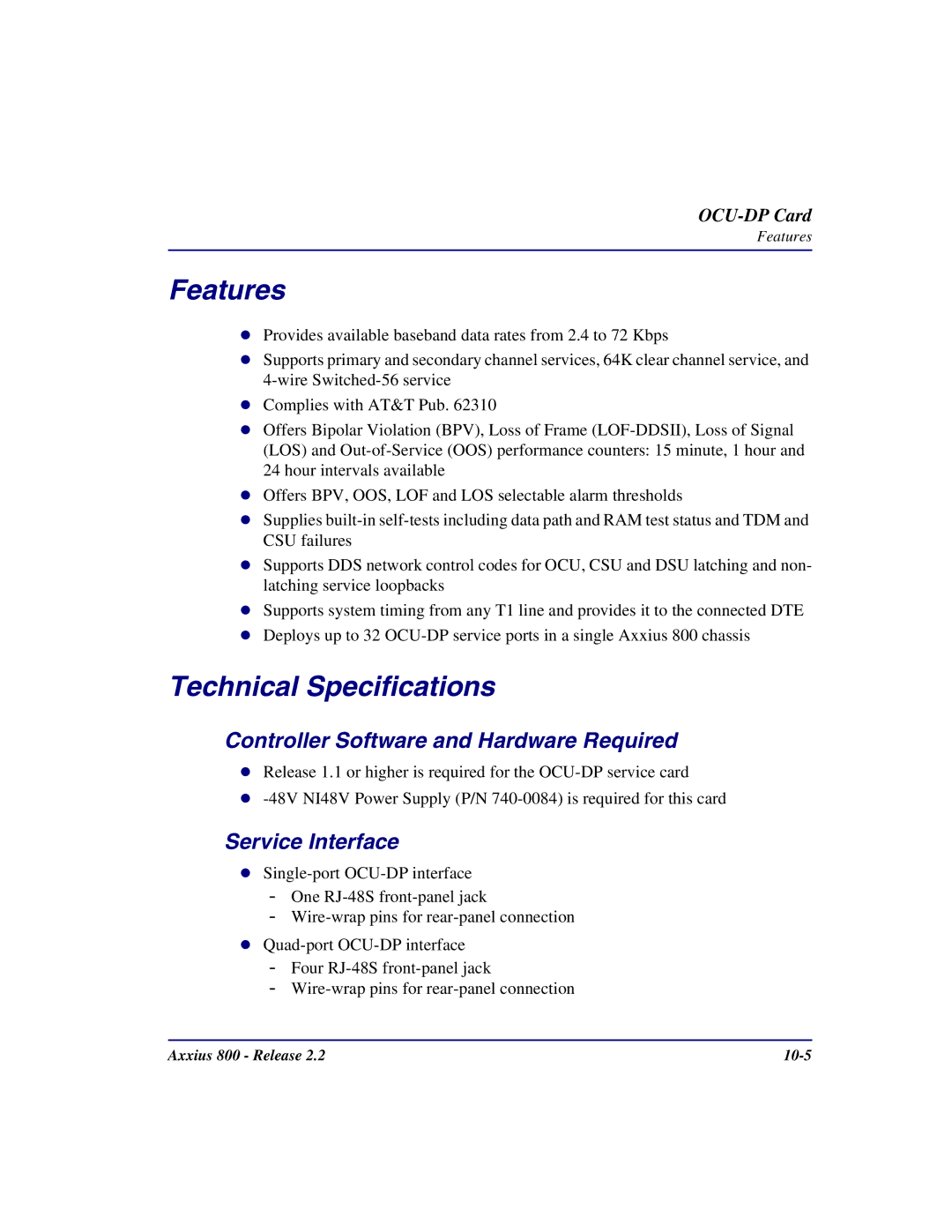 Carrier Access Axxius 800 user manual Features, Service Interface 