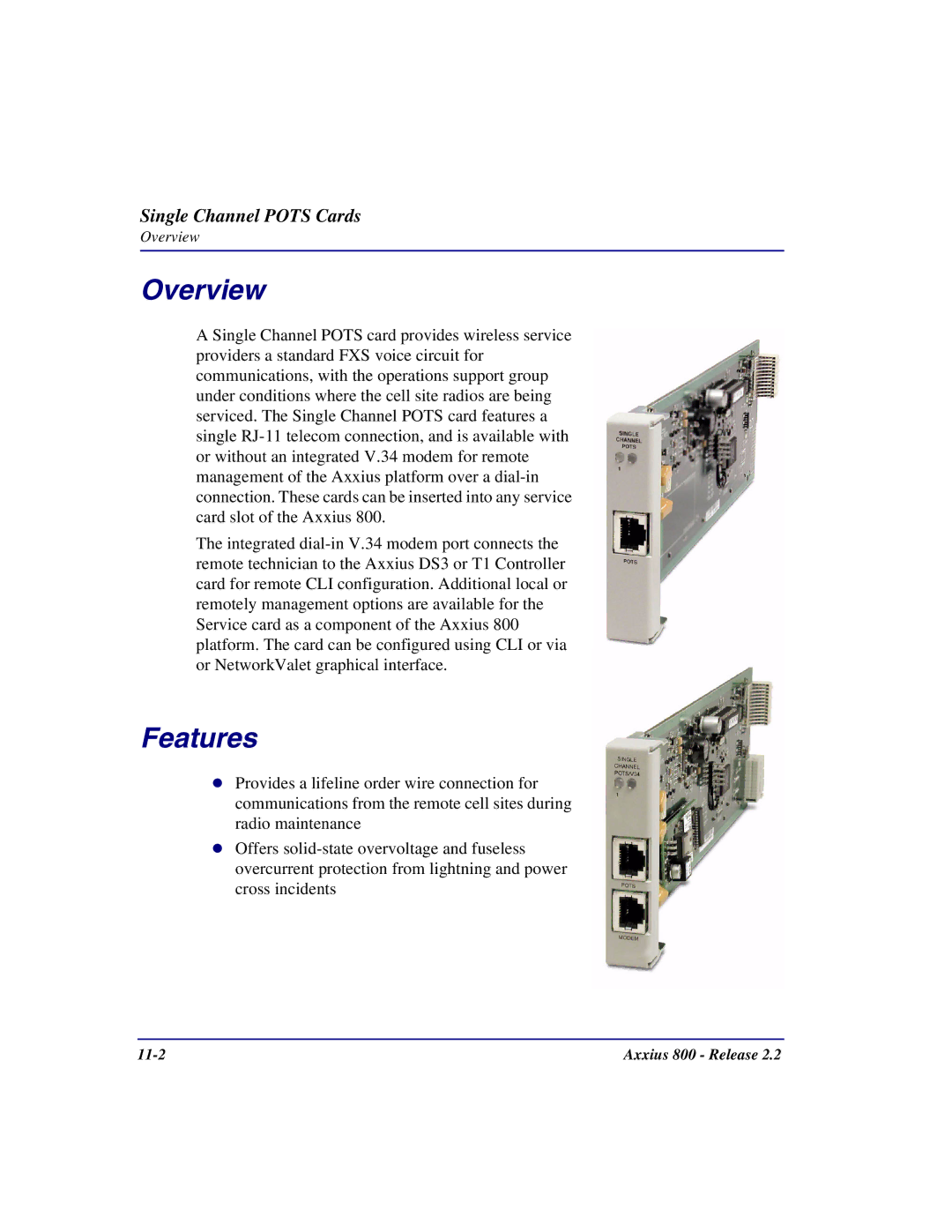 Carrier Access Axxius 800 user manual Single Channel Pots Cards 