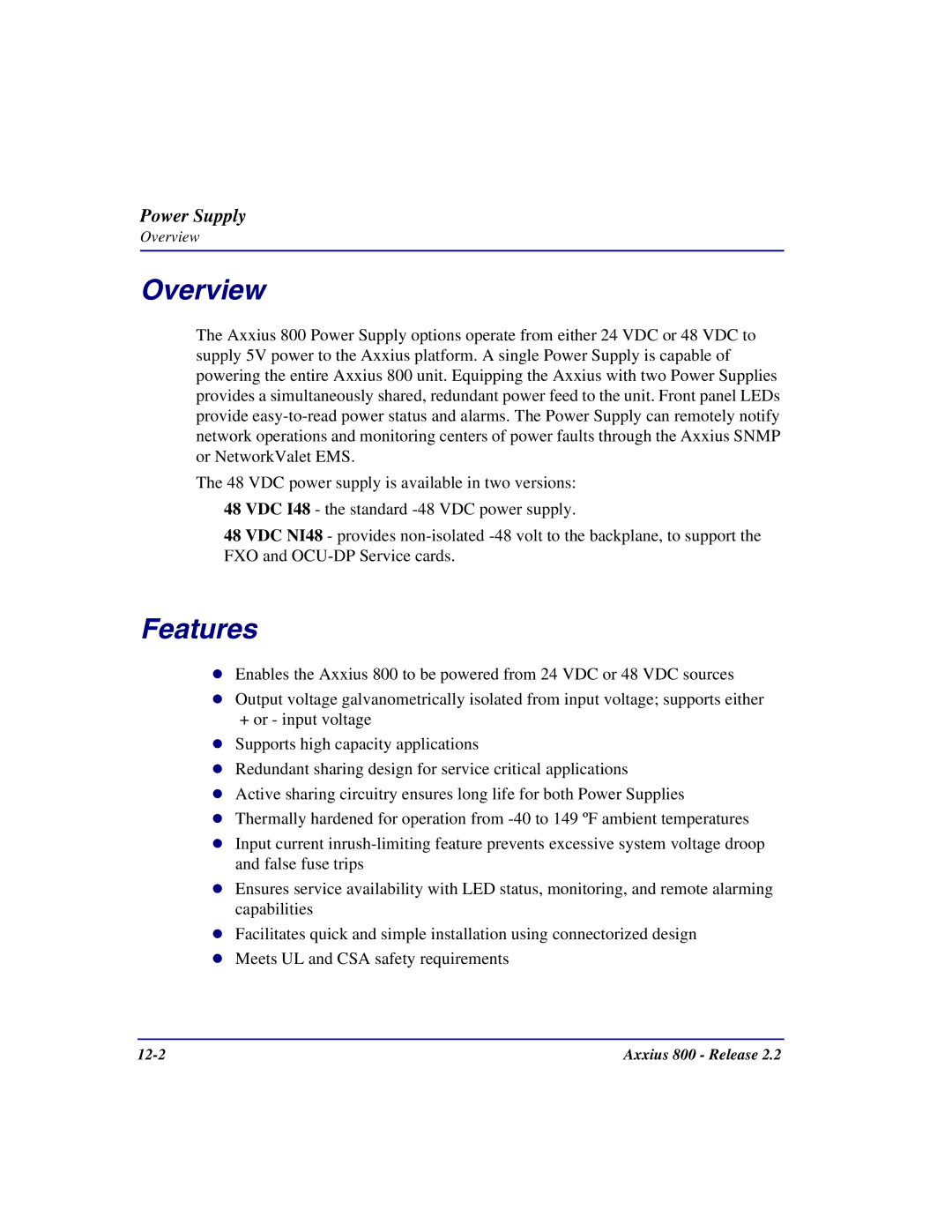 Carrier Access Axxius 800 user manual Power Supply 